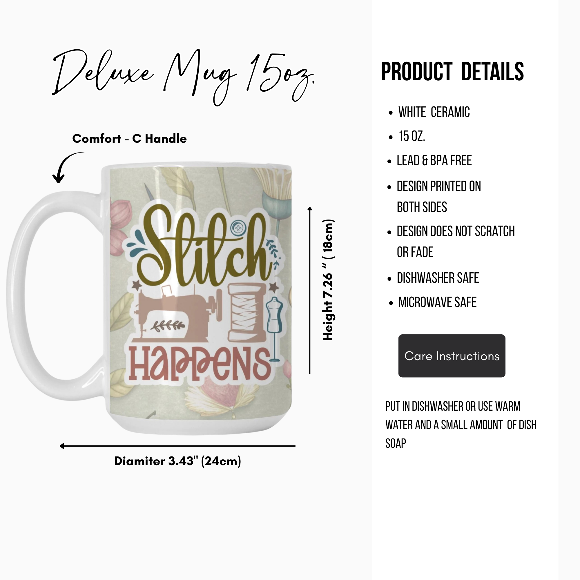 Mug with 'Stitch Happens' design and product details on a white background