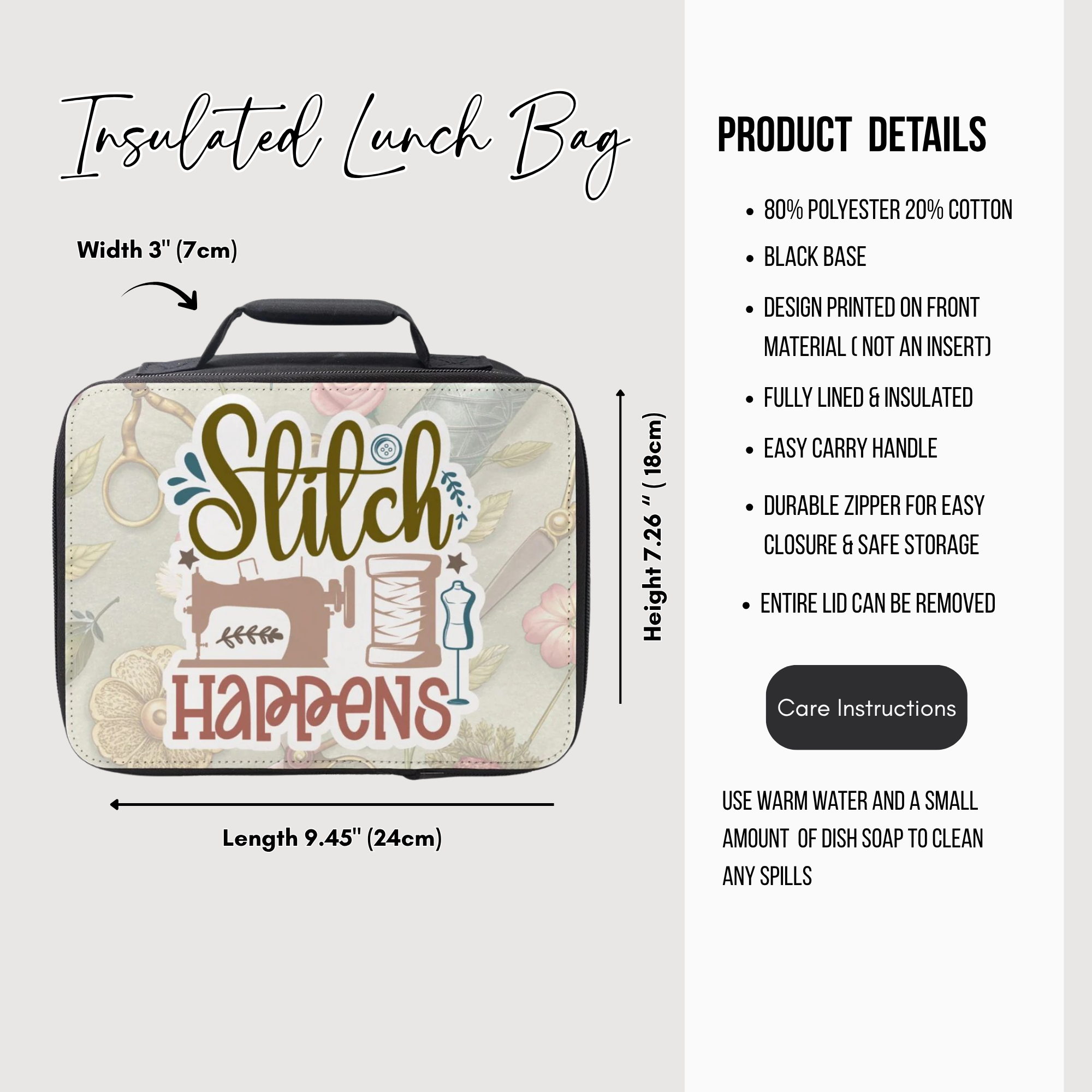Insulated lunch bag with 'Slitch Happens' design and product details on a white background