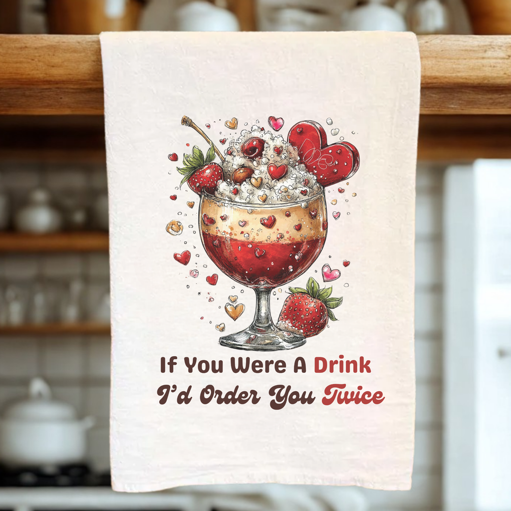 Tea Towel with a dessert cocktail graphic and text in a kitchen setting
