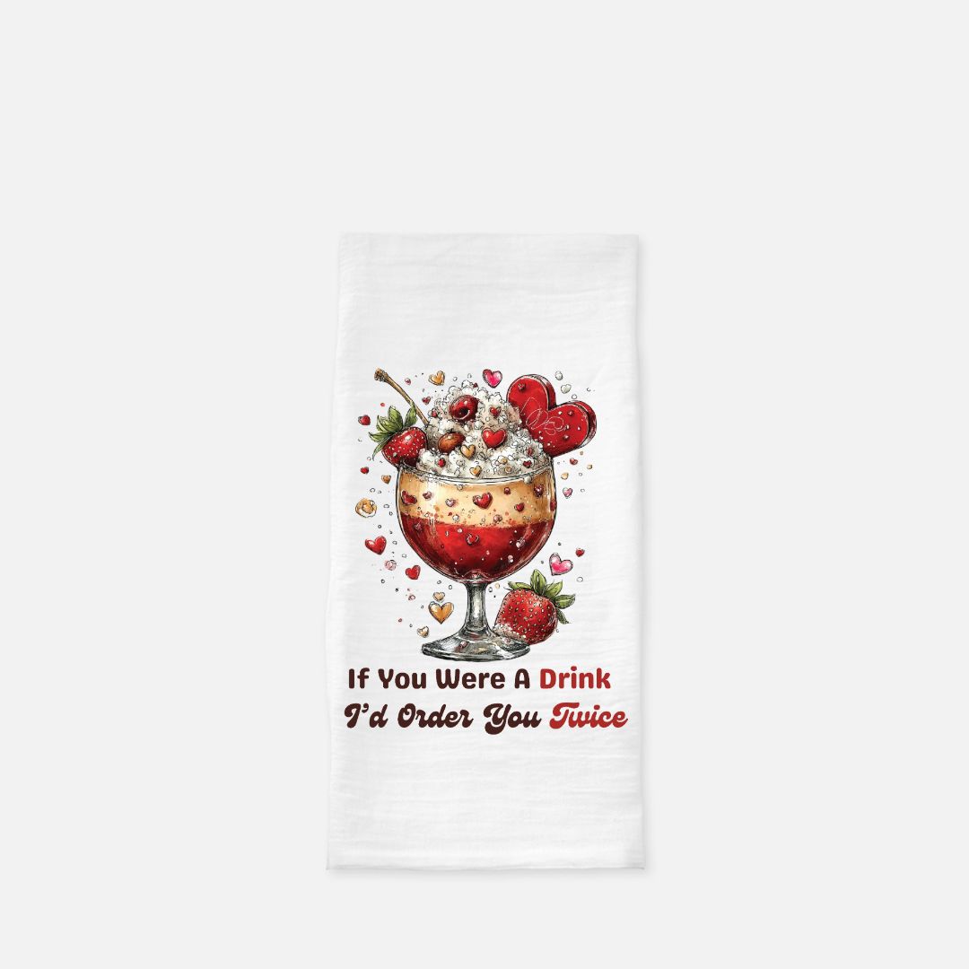 Towel with a cocktail graphic and text on a white background