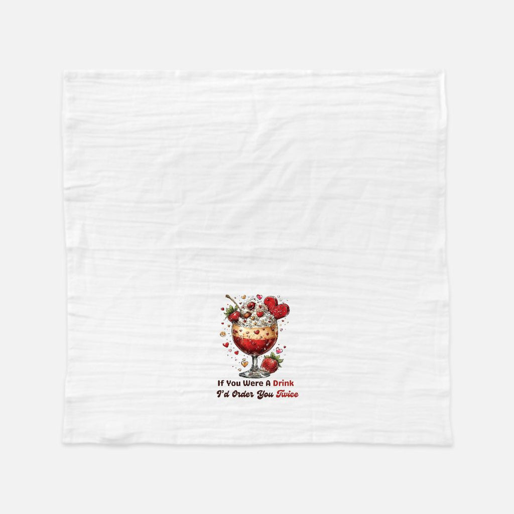 White towel with a dessert graphic and text on a white background
