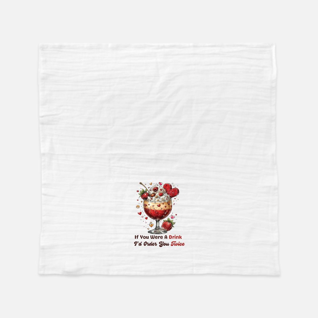 White towel with a dessert graphic and text on a white background