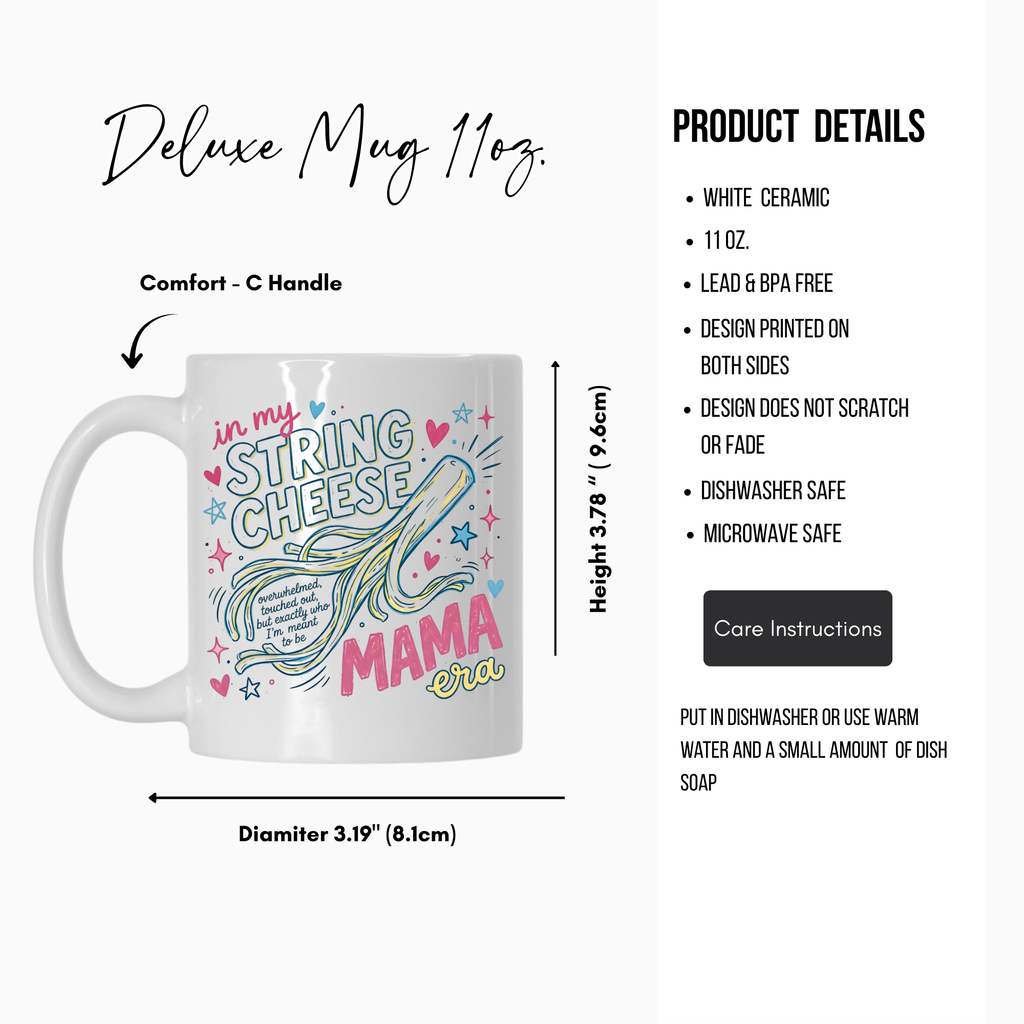 White mug with colorful design and text, featuring product details on a white background.