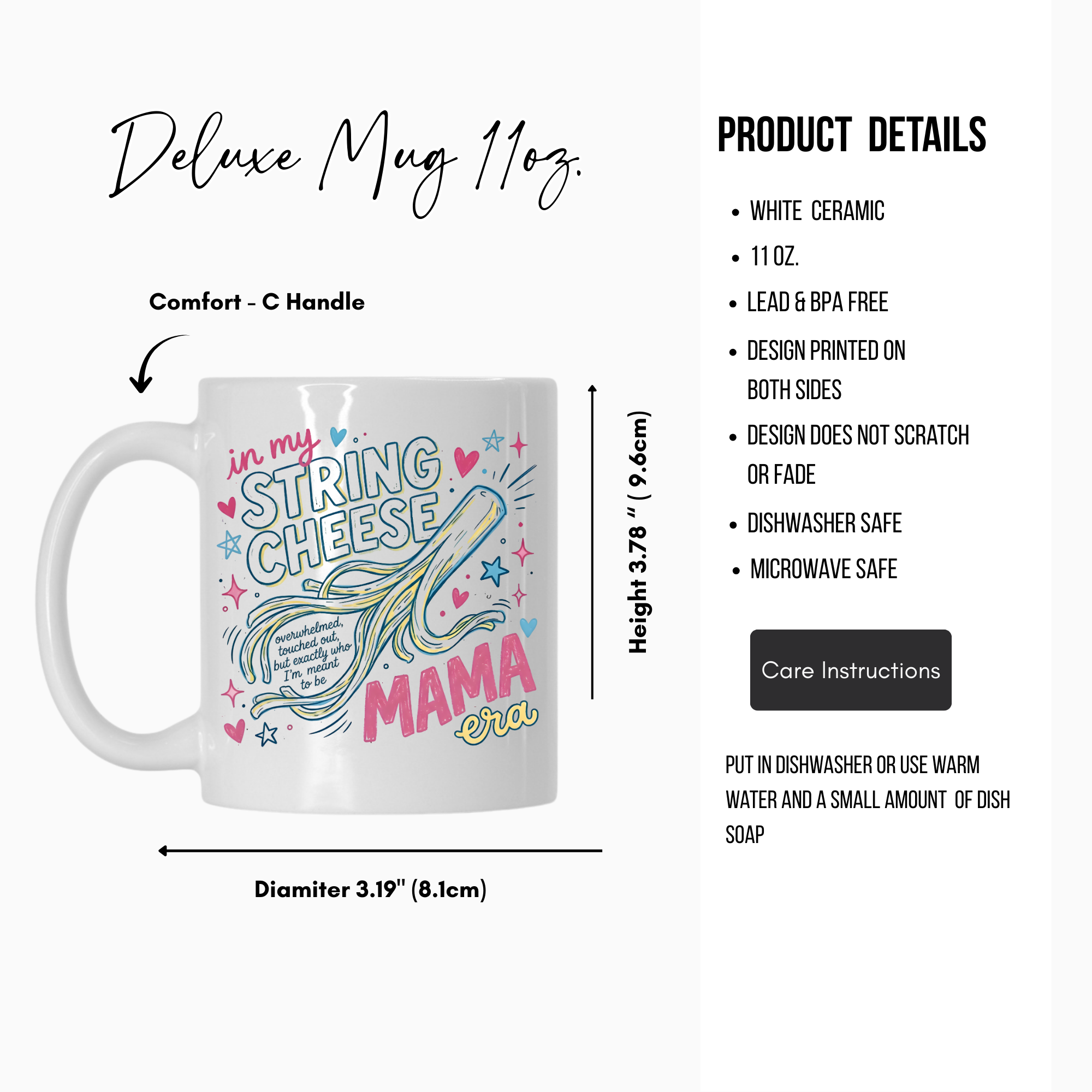 White mug with colorful design and text, featuring product details on a white background.