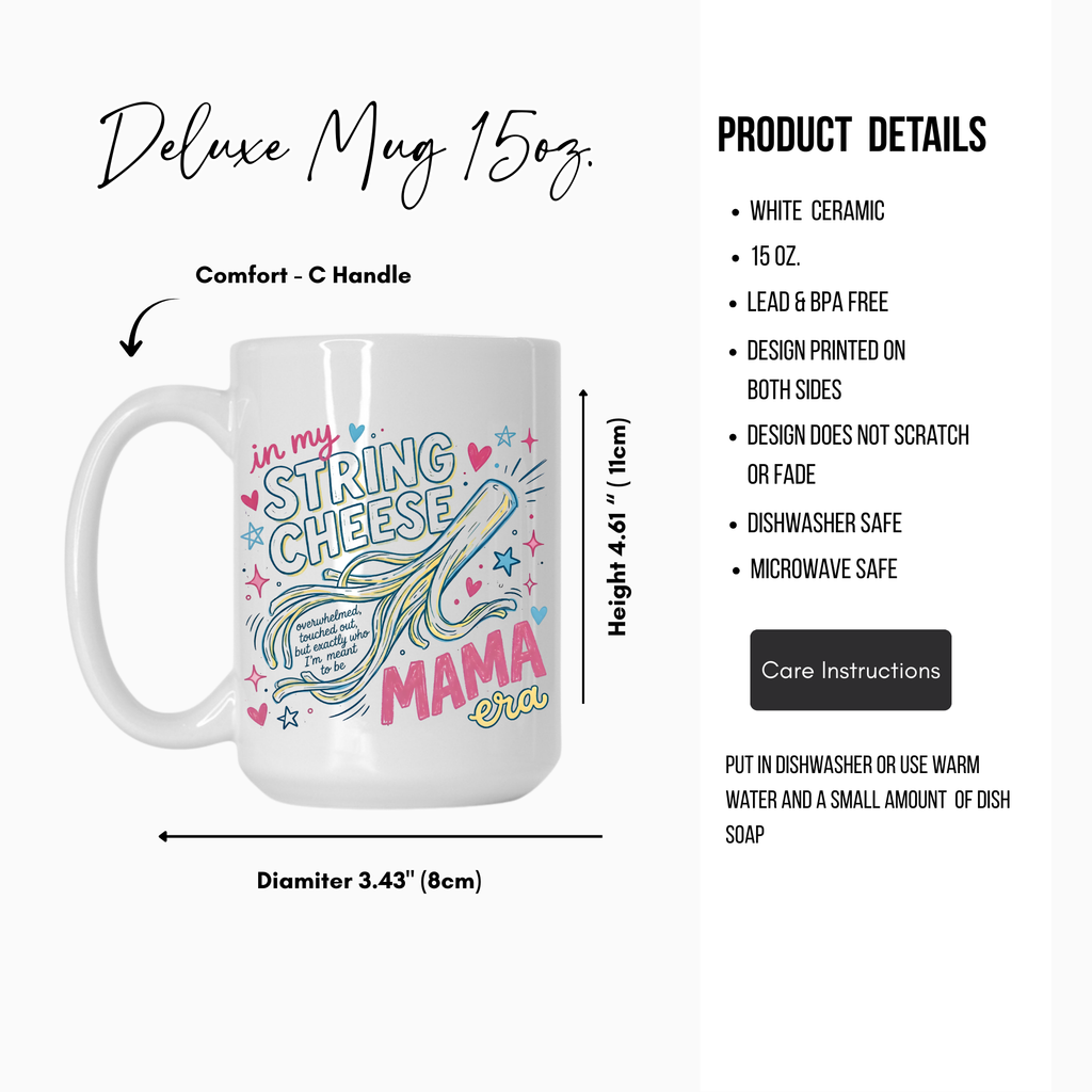 White ceramic mug with colorful design and text, featuring product details on a white background.