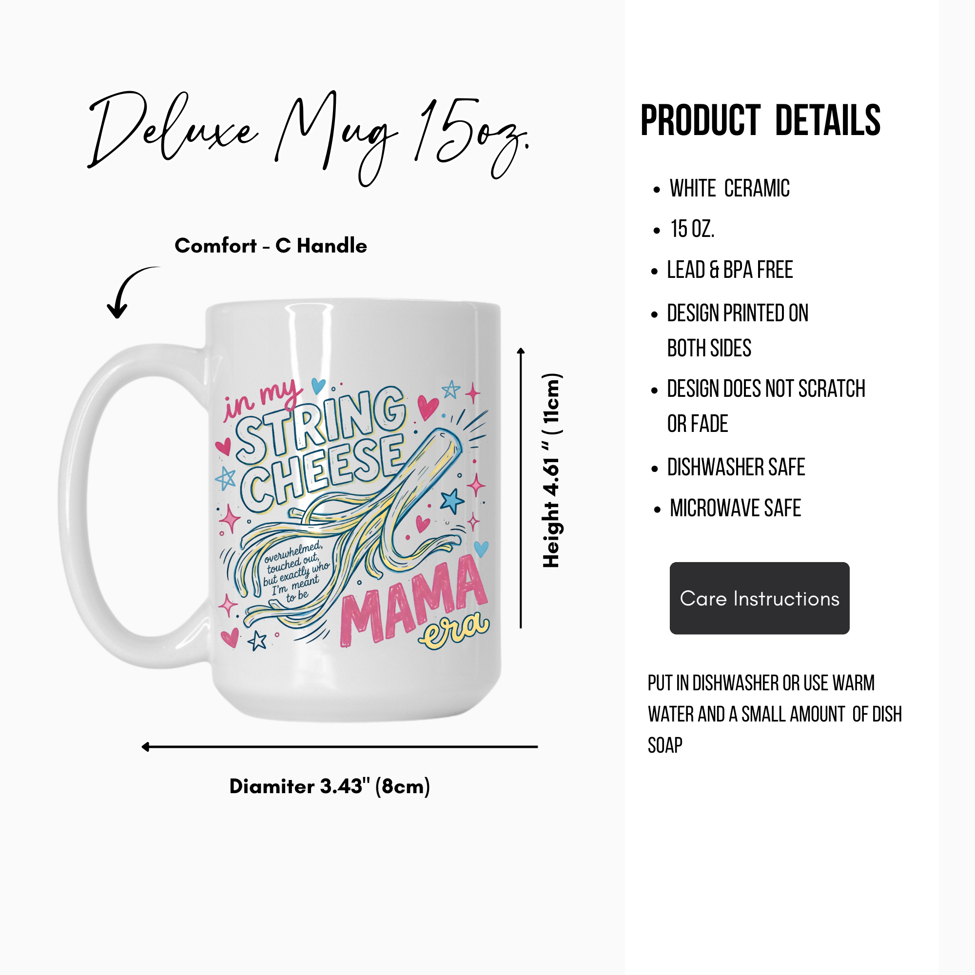 White ceramic mug with colorful design and text, featuring product details on a white background.