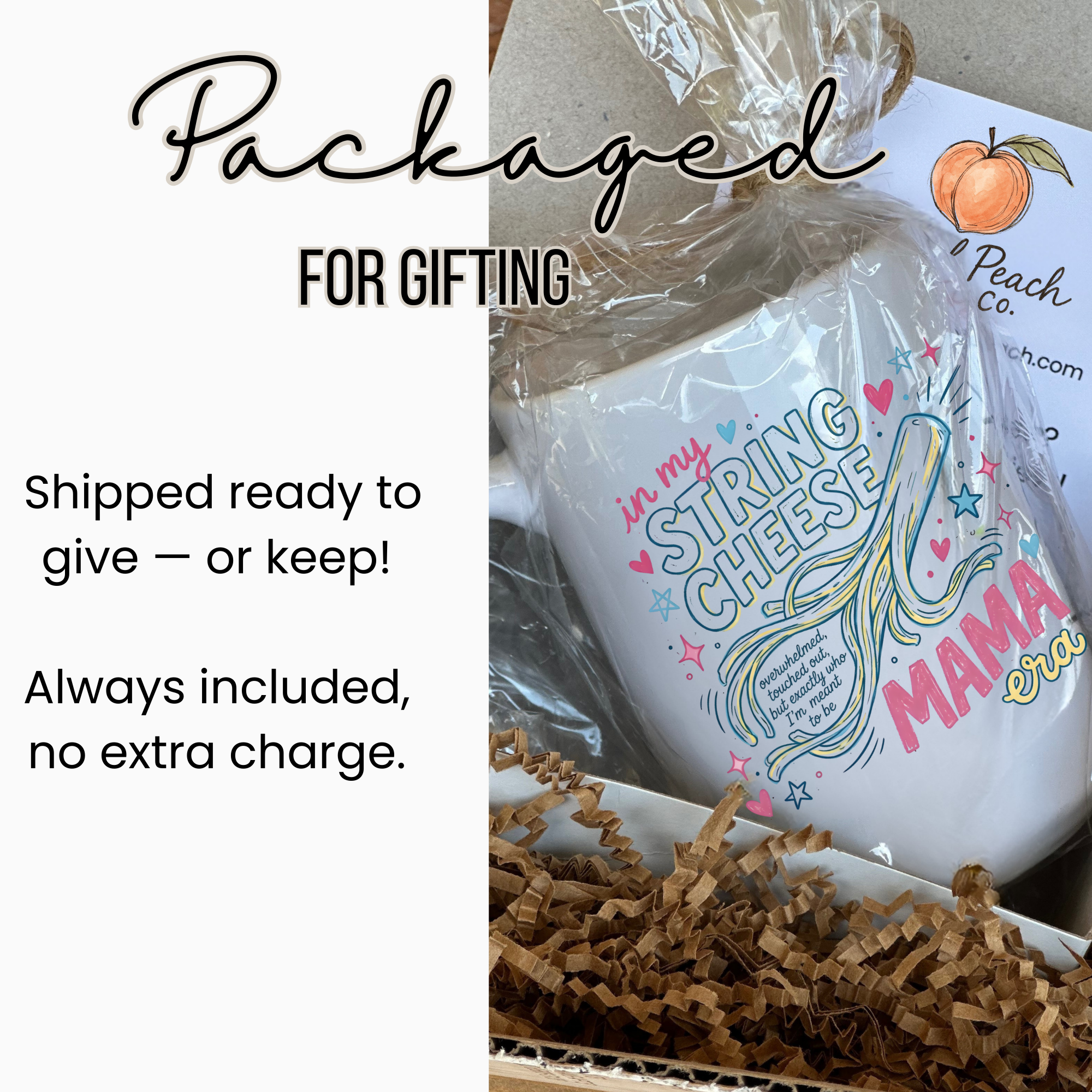 White mug with colorful text in a clear package labeled 'Peach Co'.