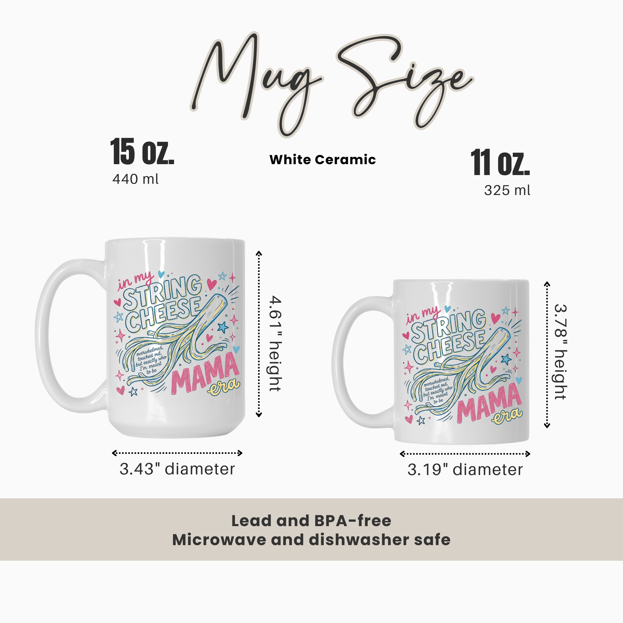 Mug size comparison chart with two mugs and measurements on a white background