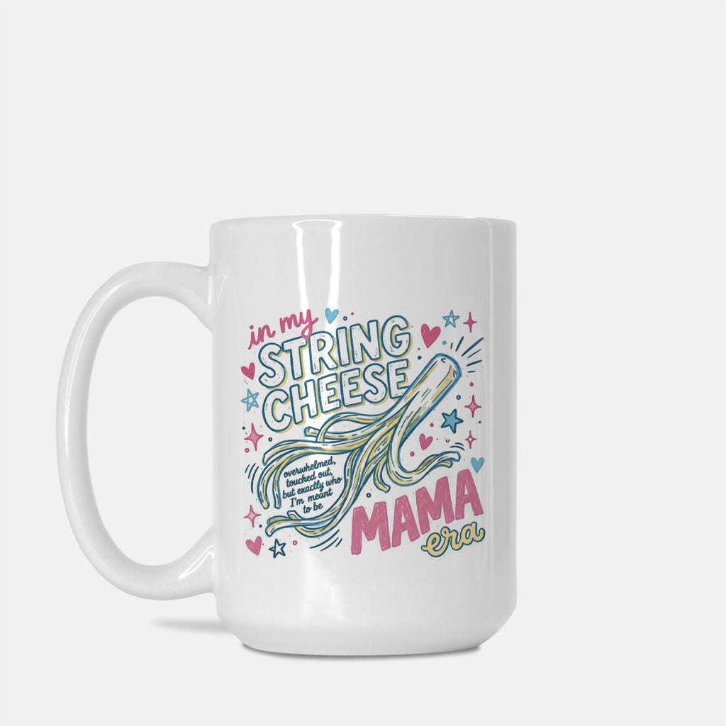 White mug with colorful string cheese design and text on a white background