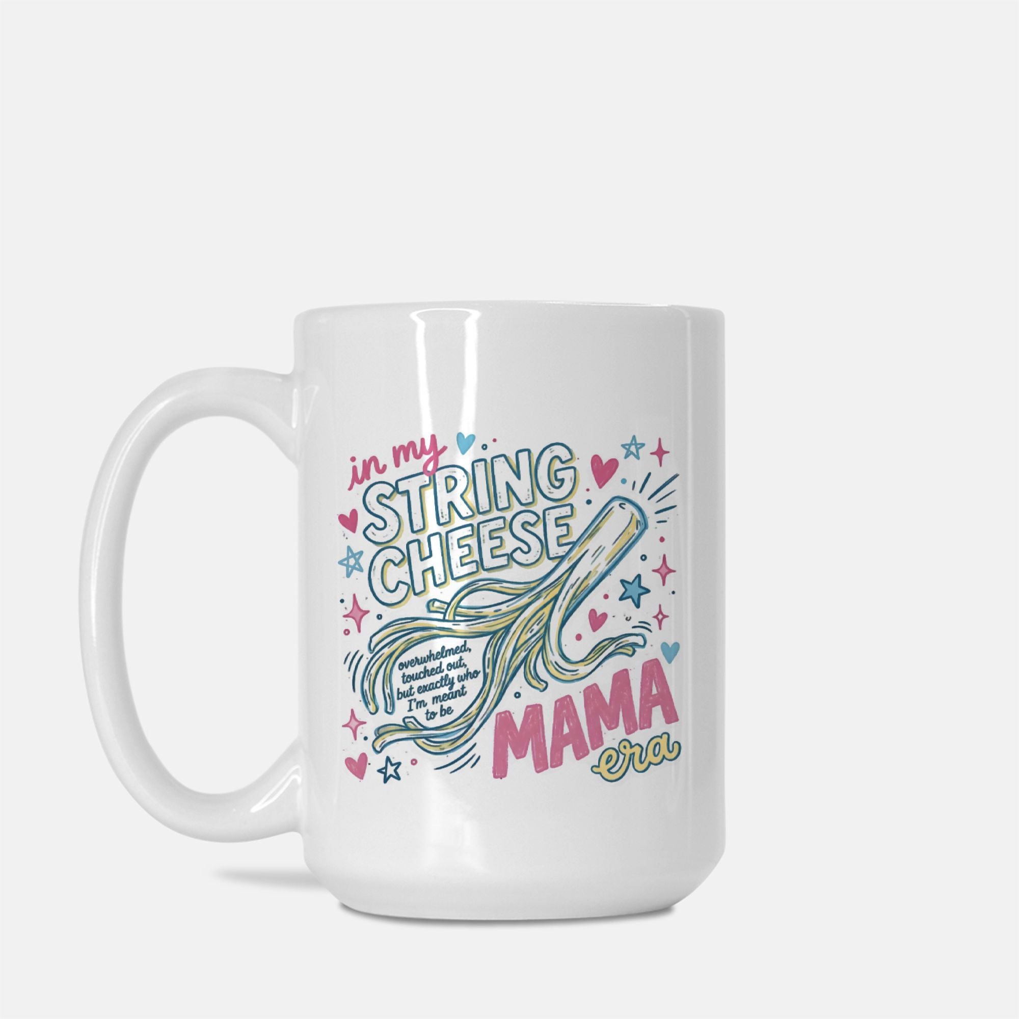White mug with colorful string cheese design and text on a white background