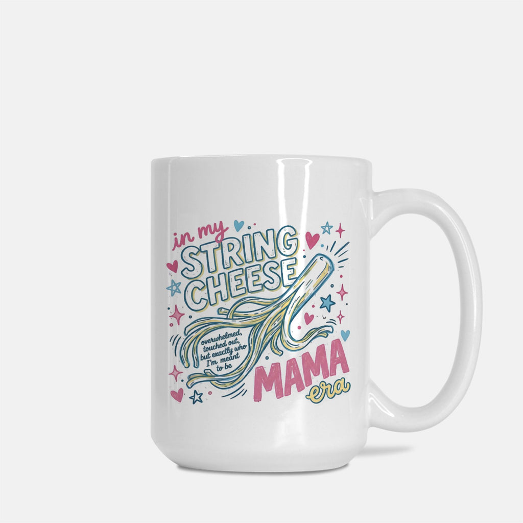 White mug with colorful text and design on a white background