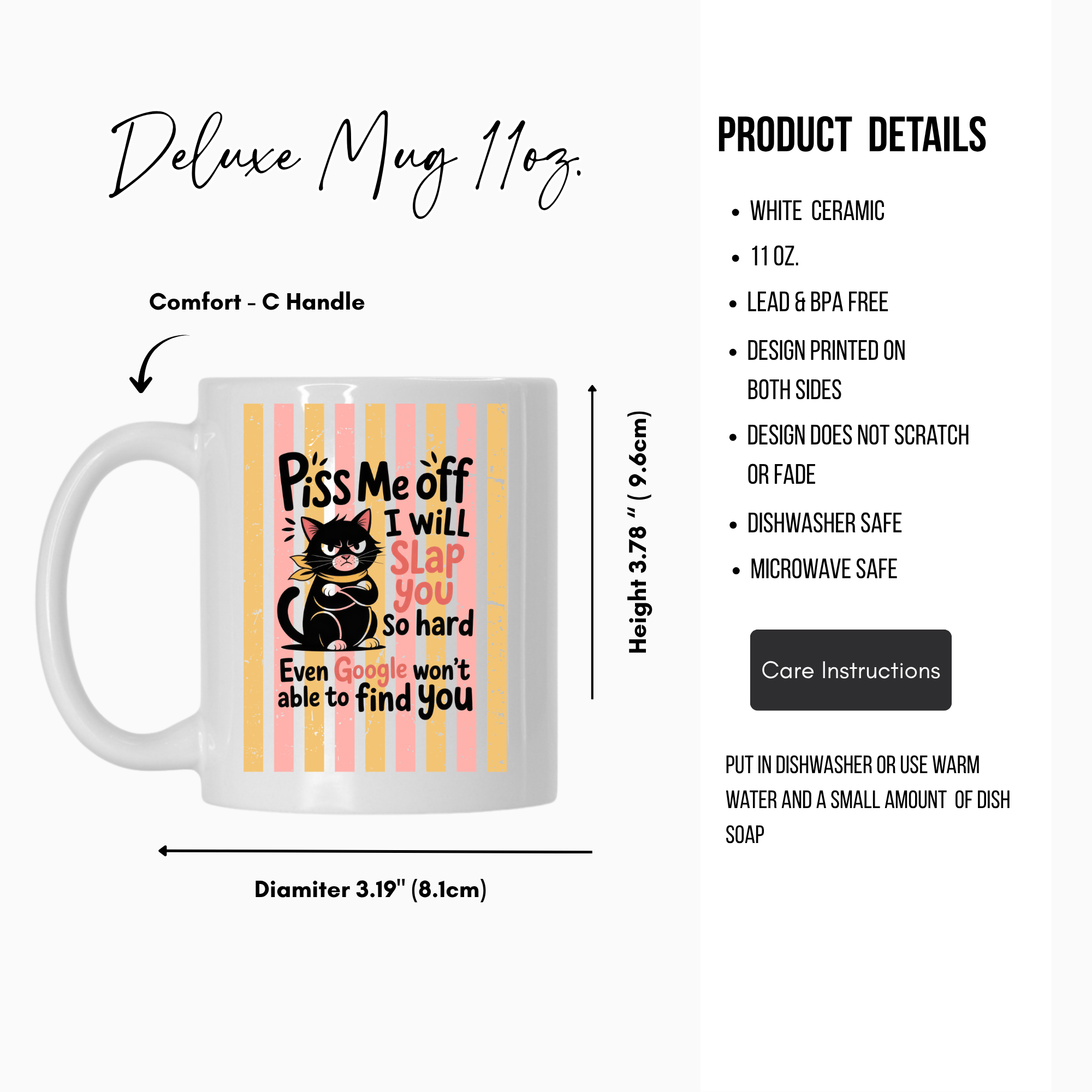 White ceramic mug with colorful striped design and text, featuring a cat illustration, on a white background with product details.