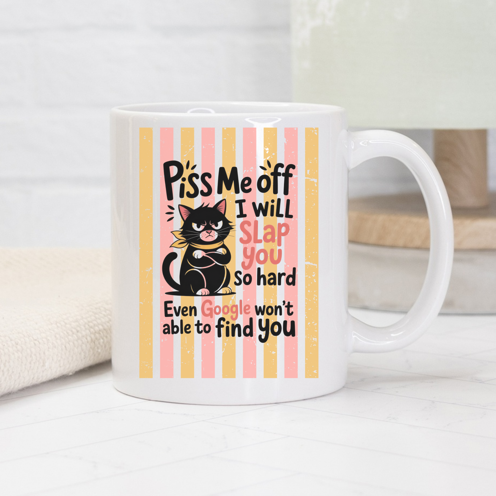 11oz Mug with a black cat graphic and humorous text on a striped background