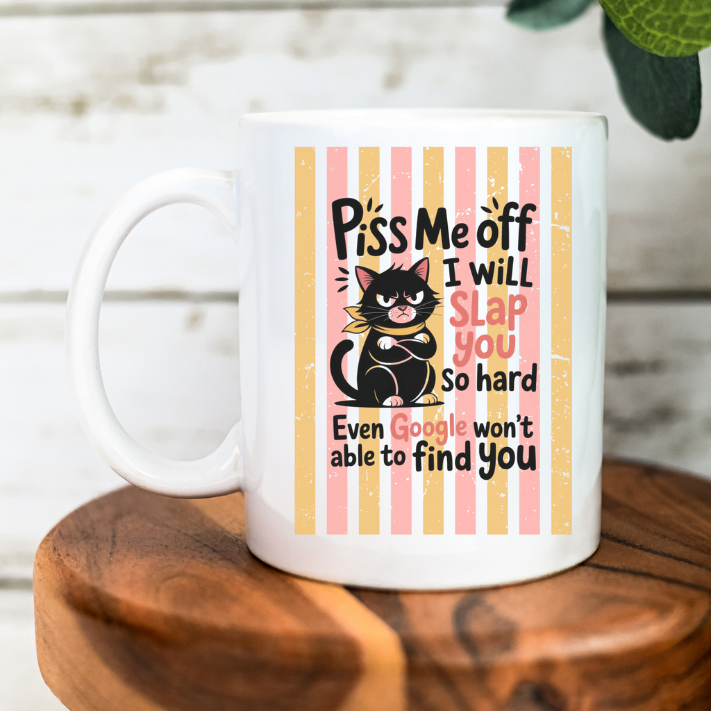 White 11oz mug with a black cat graphic and humorous text on a wooden surface.