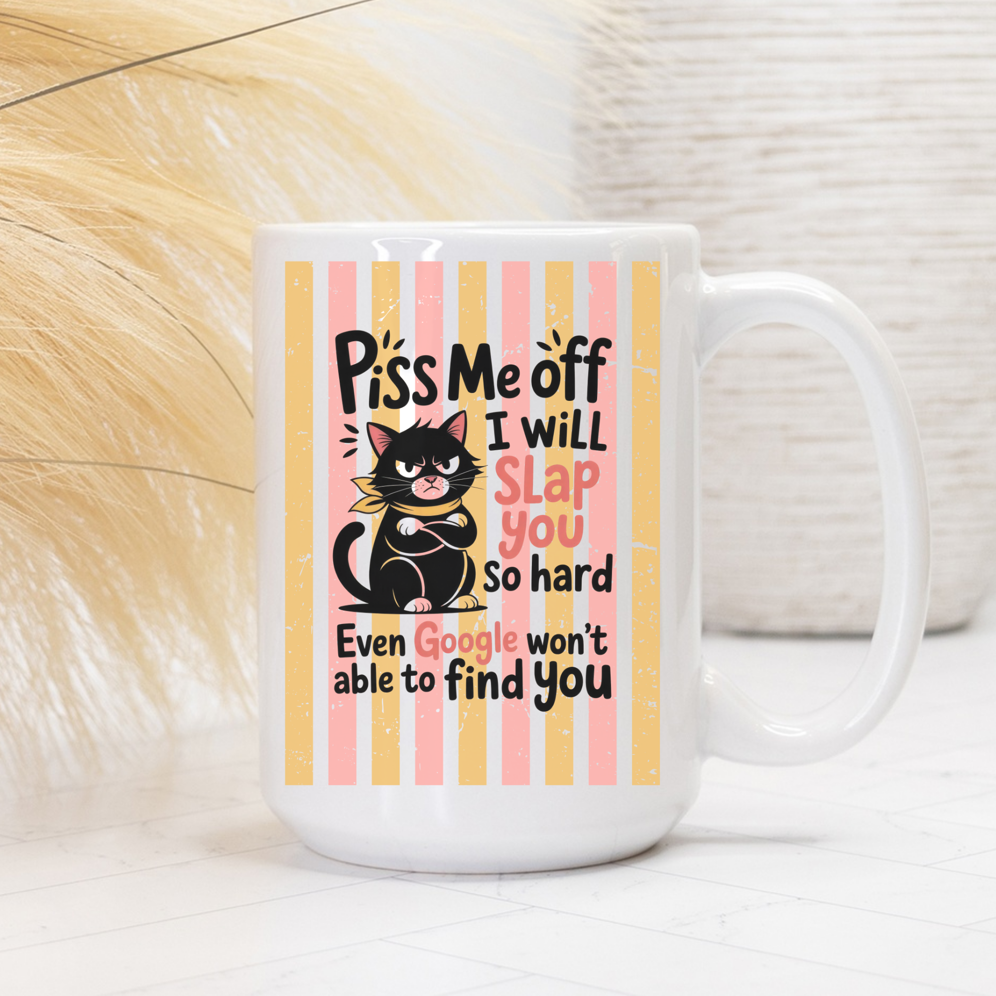 15oz. mug with a black cat illustration and humorous text on a striped background