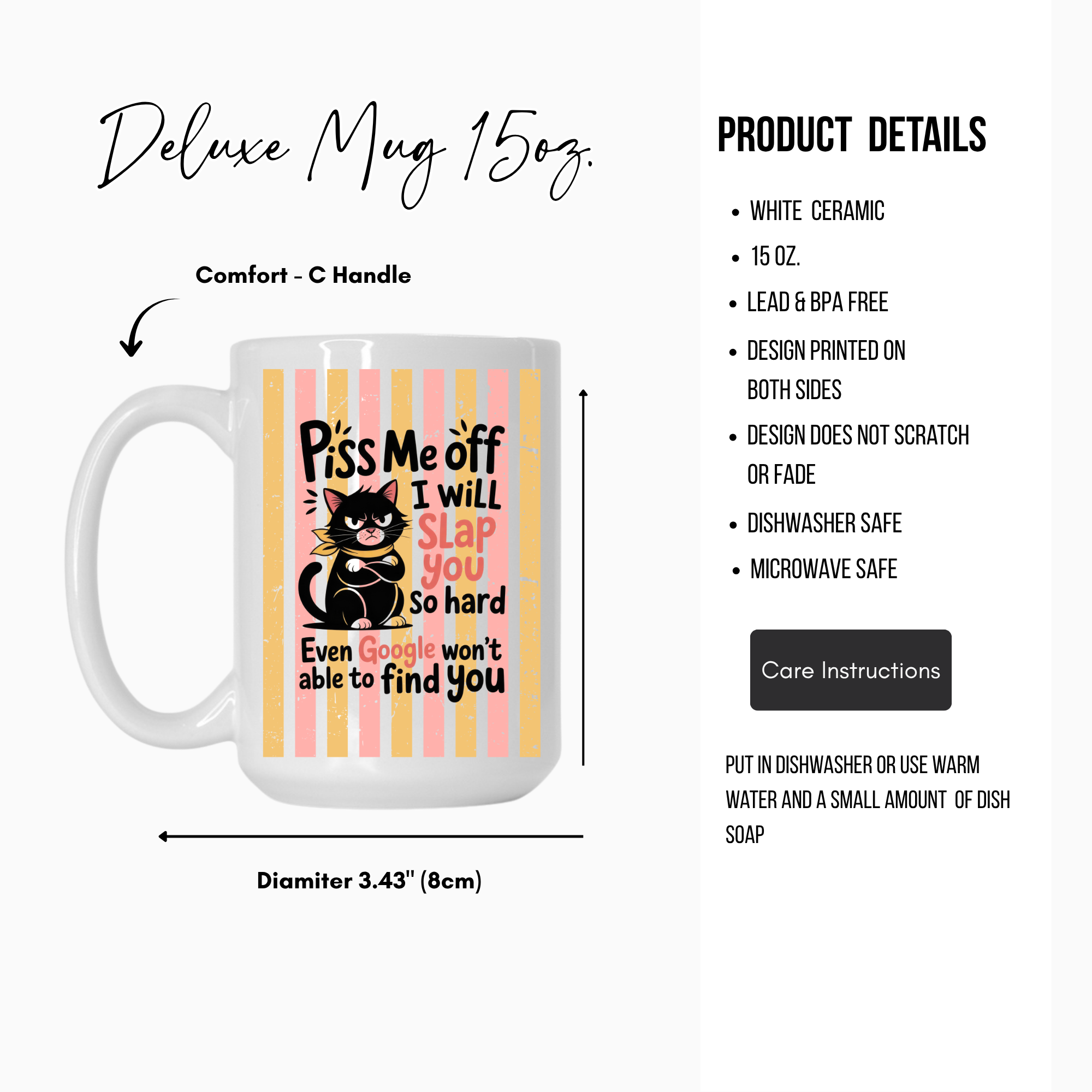 White 15oz ceramic mug with a black cat graphic and text on a white background