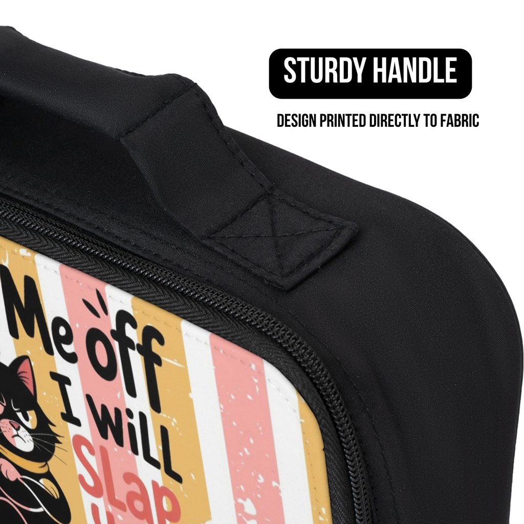 Black lunch bag with colorful striped design and text, featuring a cat illustration and the text