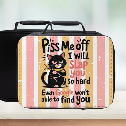 Black lunch bag with a humorous cat graphic and text on a striped background