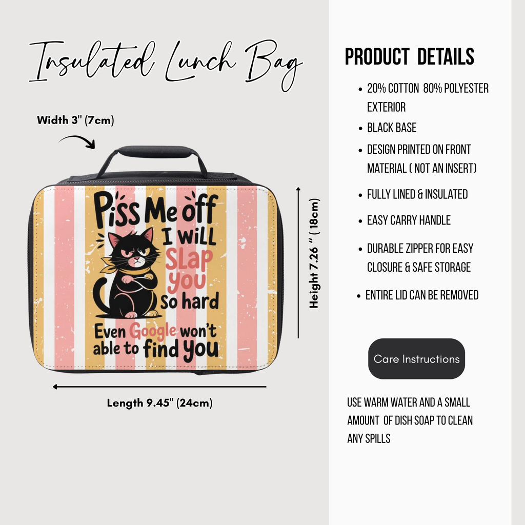 Insulated lunch bag with a black cat design and text, featuring product details on a white background.