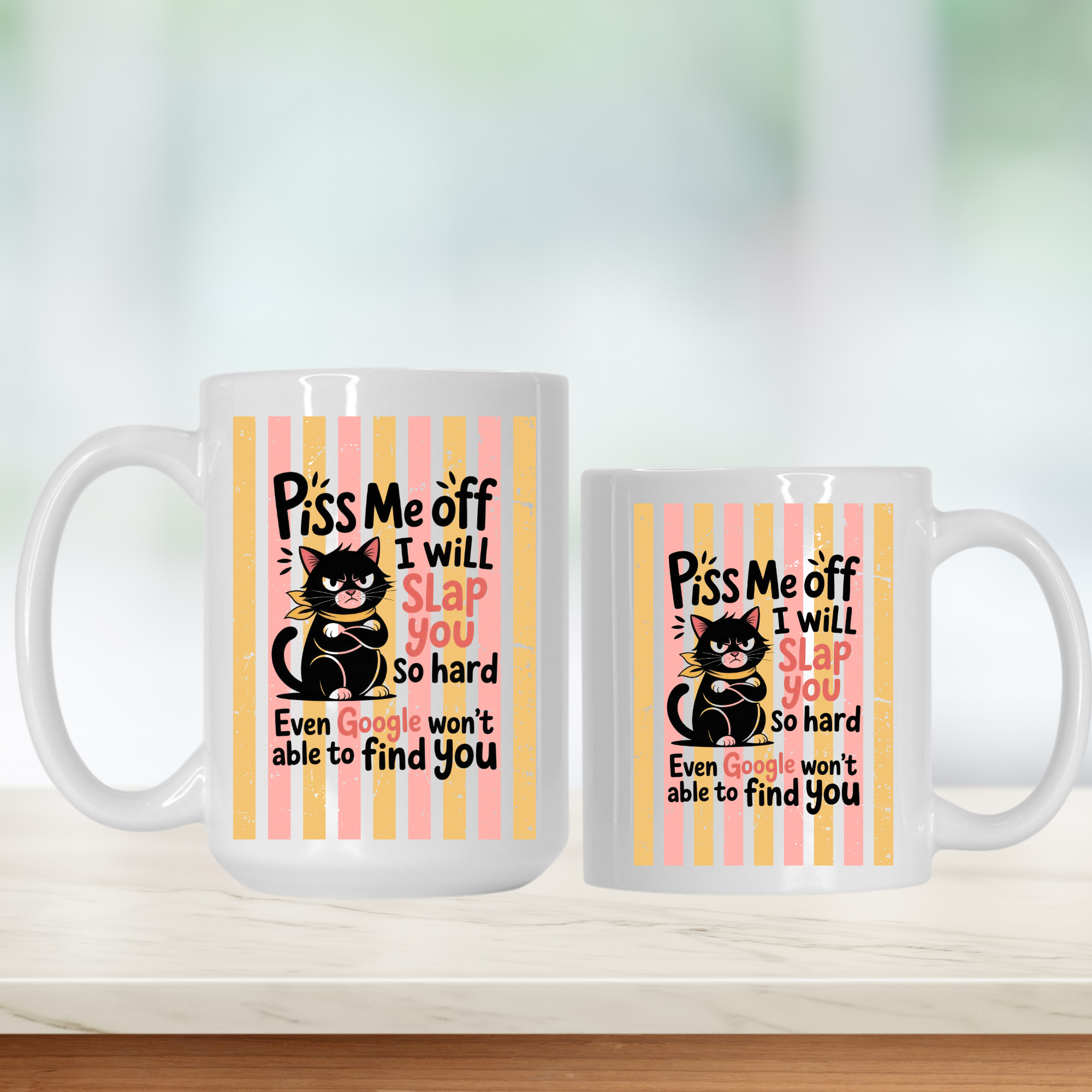15oz and 11oz mugs with a black cat illustration and humorous text on a white background