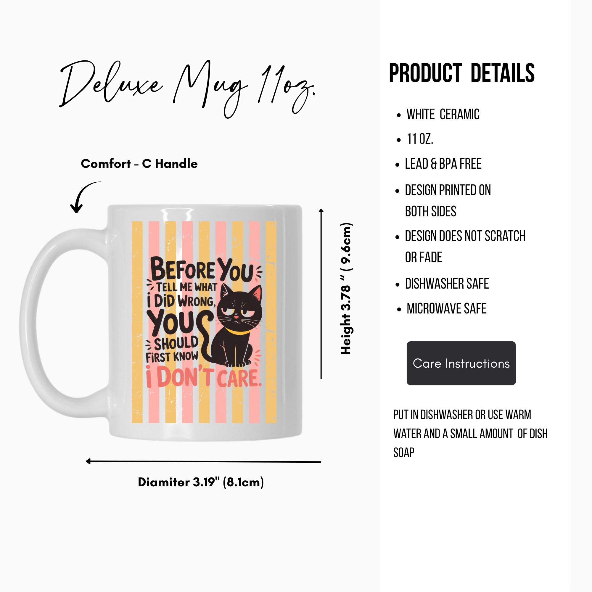 White 11oz ceramic mug with black cat illustration and text, featuring product details on a white background.
