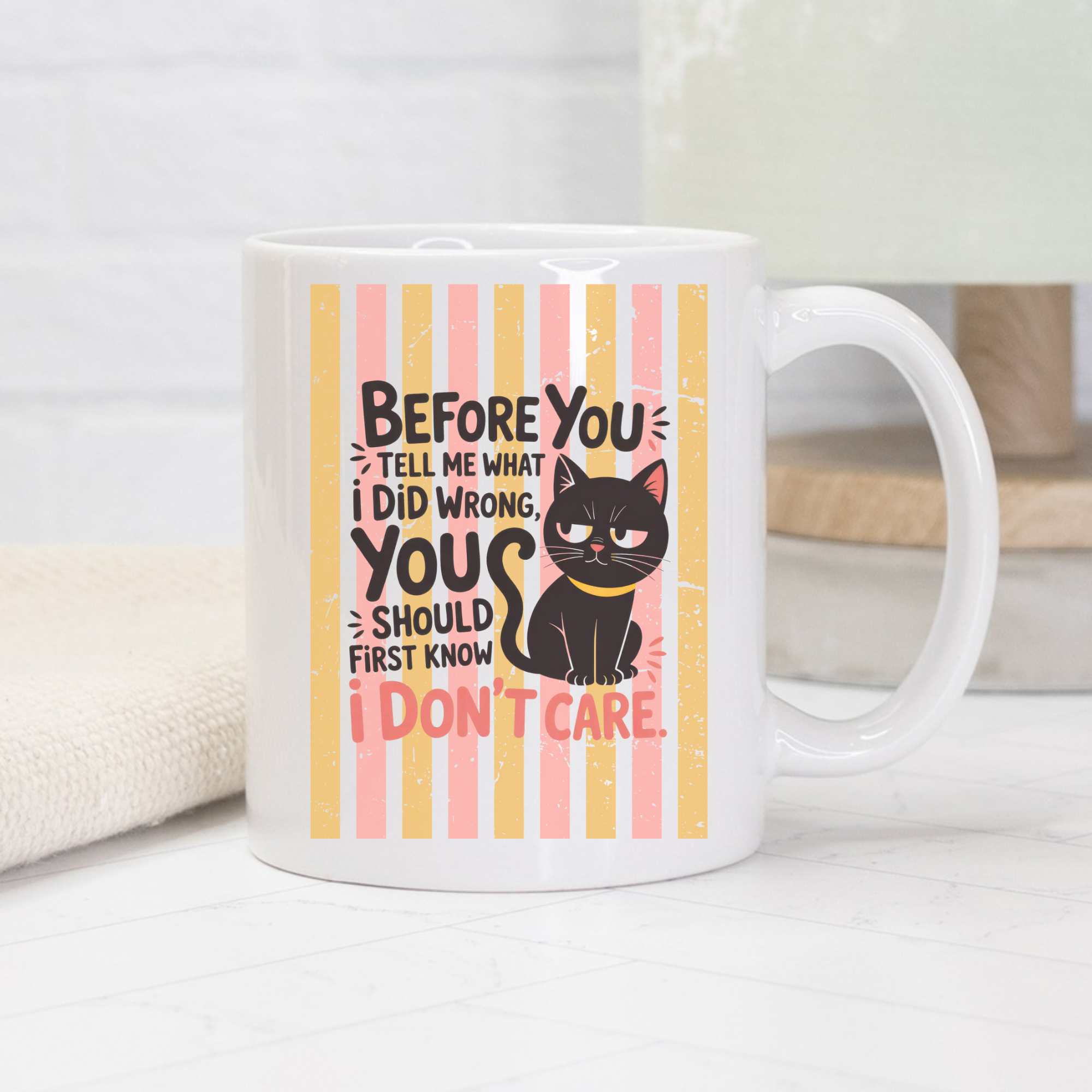 11oz Mug with a black cat illustration and humorous text on a white surface.
