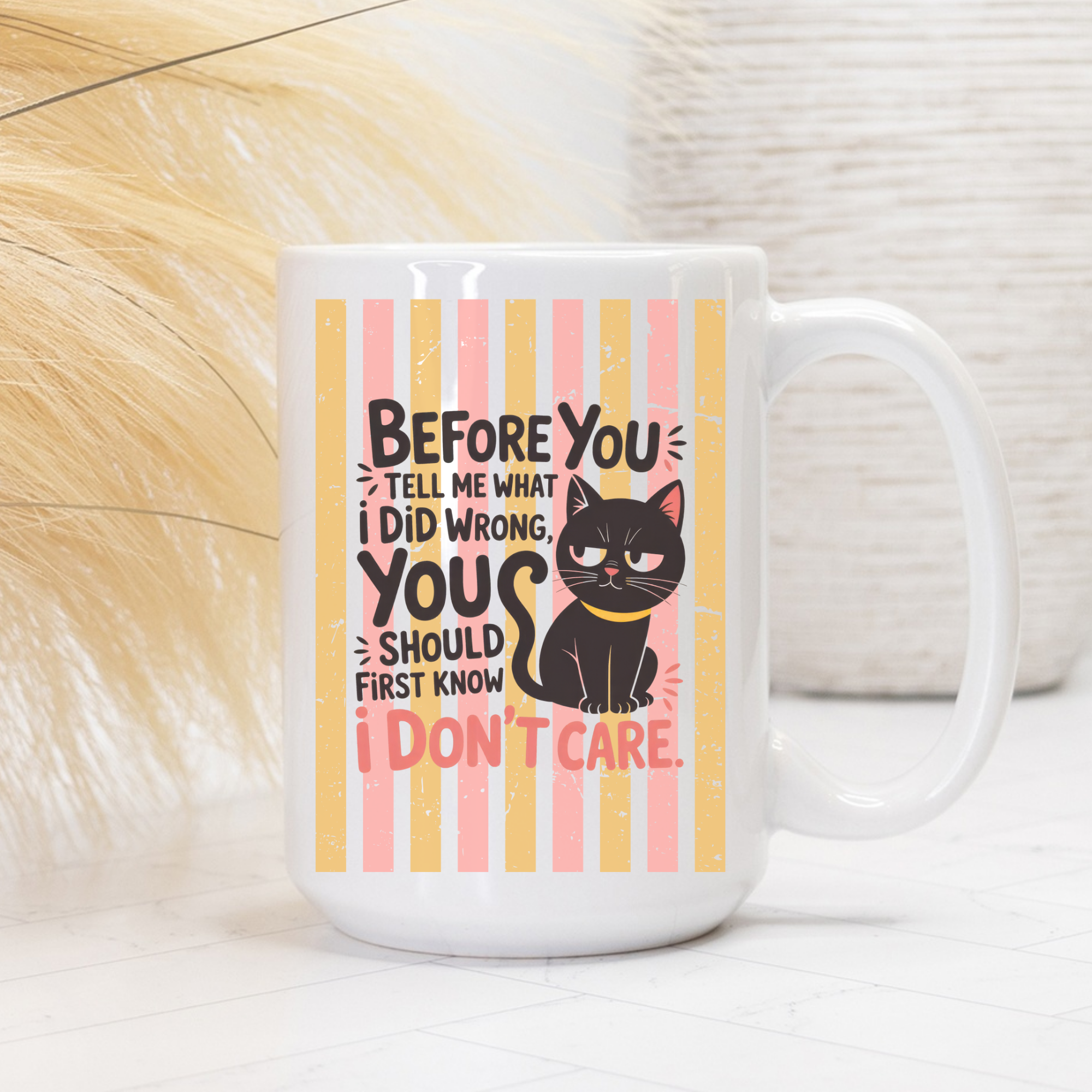 15oz Mug with a black cat illustration and text on a striped background