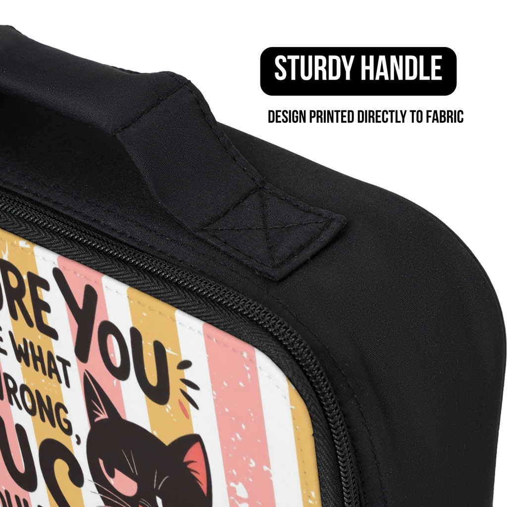 Close - up of black lunch bag with a design printed directly to fabric, featuring a cat illustration and text.