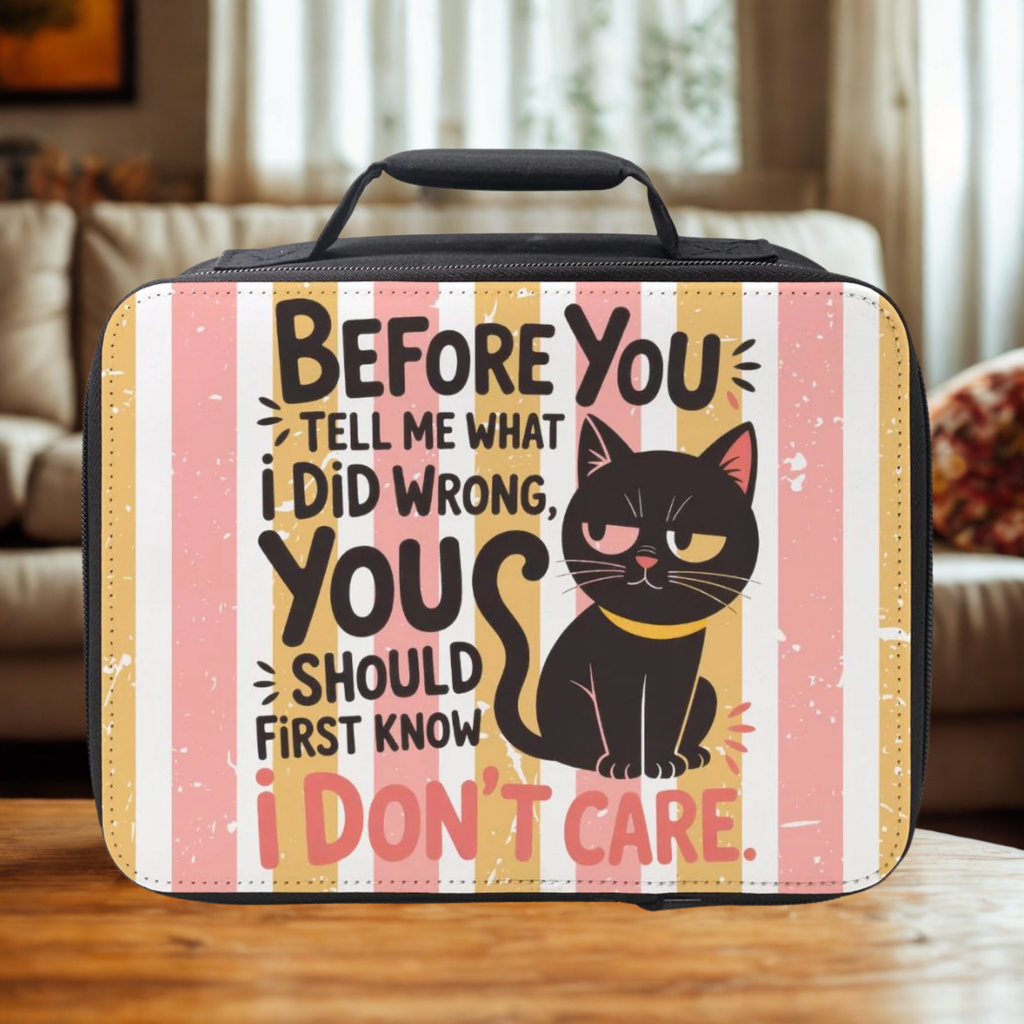 Lunch box with a black cat illustration and humorous text on a striped background sitting on a wooden living room table.