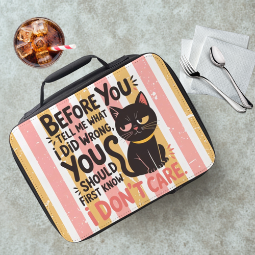 Lunch bag with a cat illustration and text on a table with a drink and utensils.