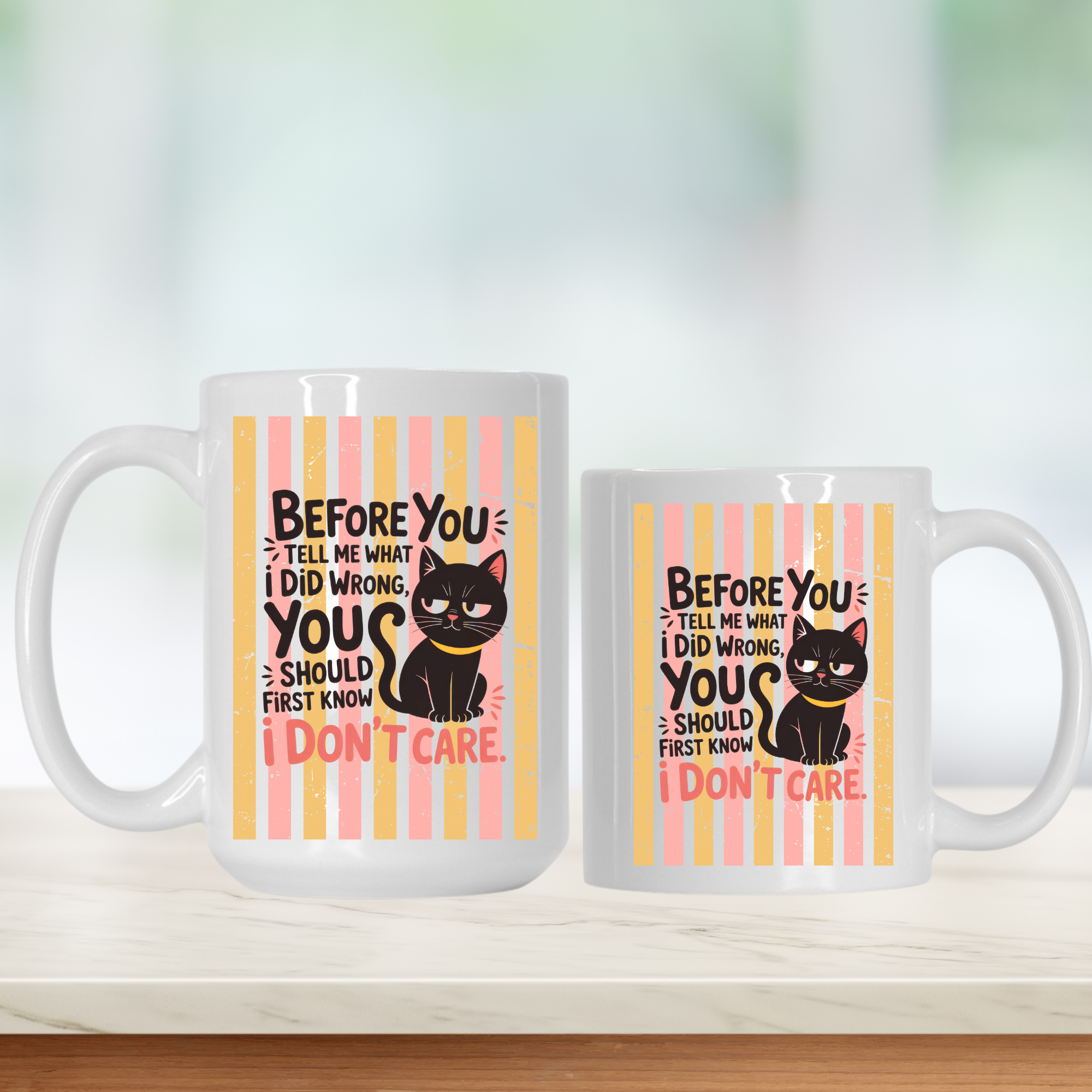 15oz & 11oz mugs with a black cat illustration and humorous text on a white background