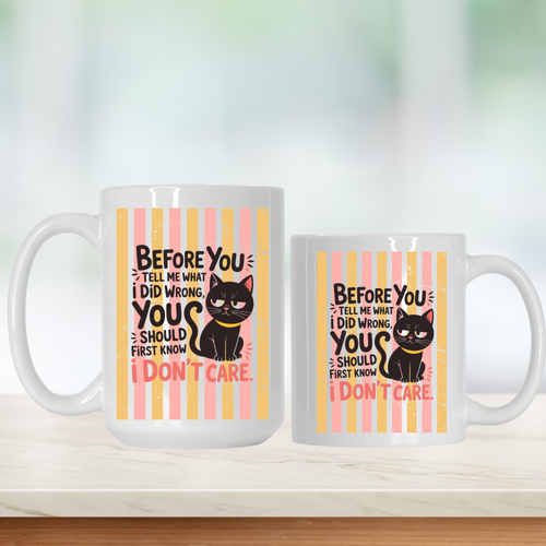 15oz & 11oz mugs with a black cat illustration and humorous text on a white background