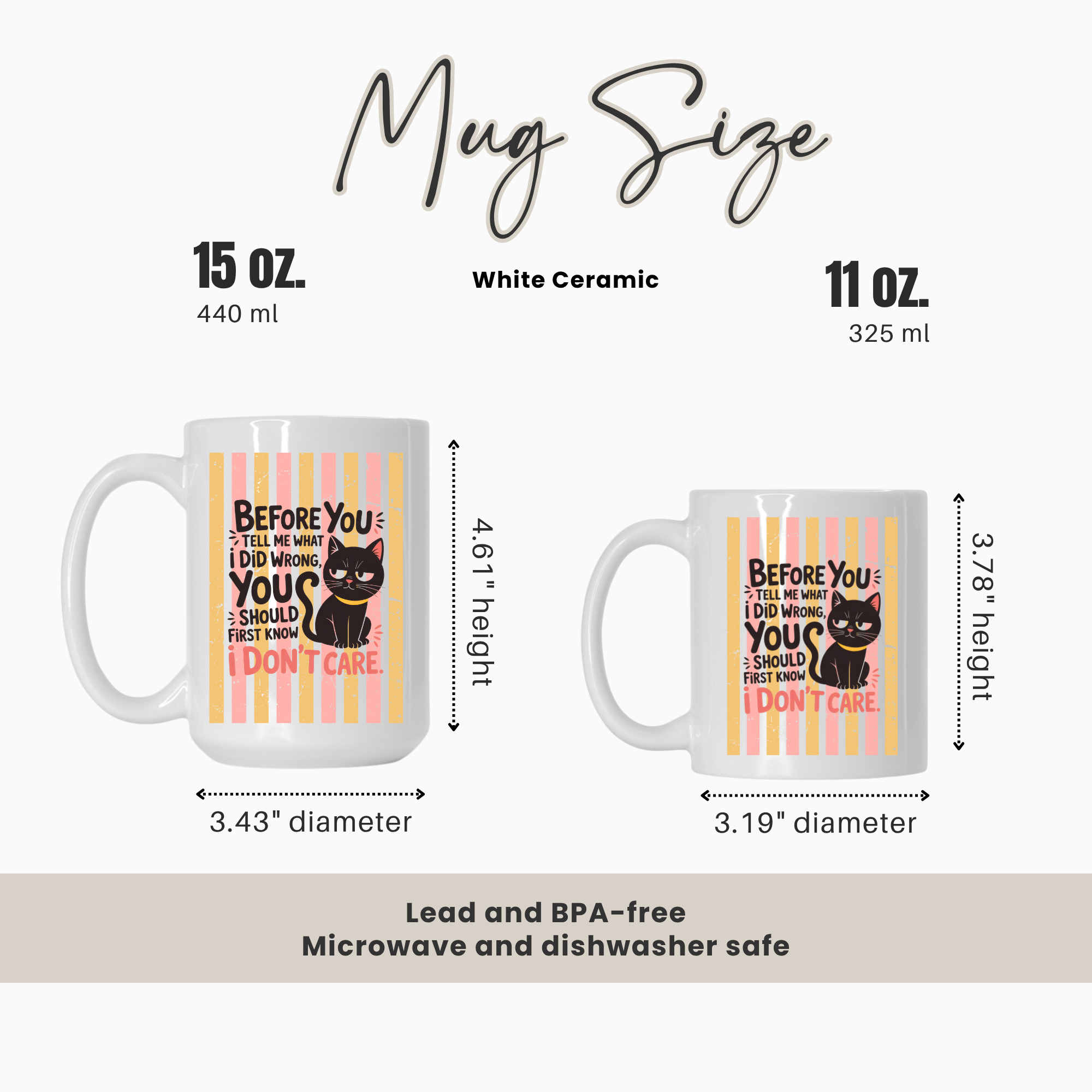 15oz and 11oz mugs with text and measurements on a white background