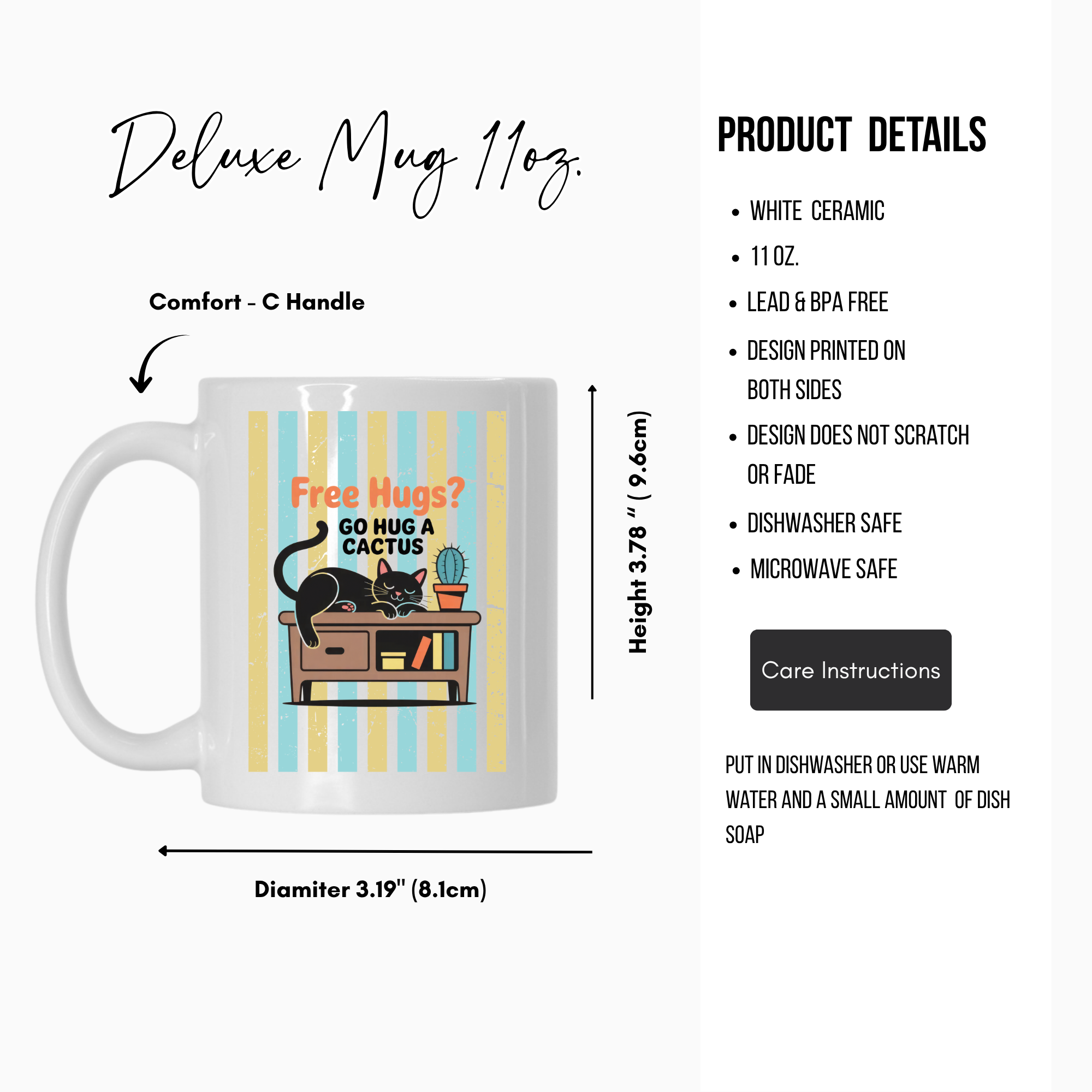 Mug with a cat and cactus design, featuring product details on a white background.
