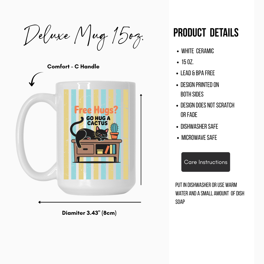 White 15oz mug with a cat and cactus design on a striped background, featuring product details.