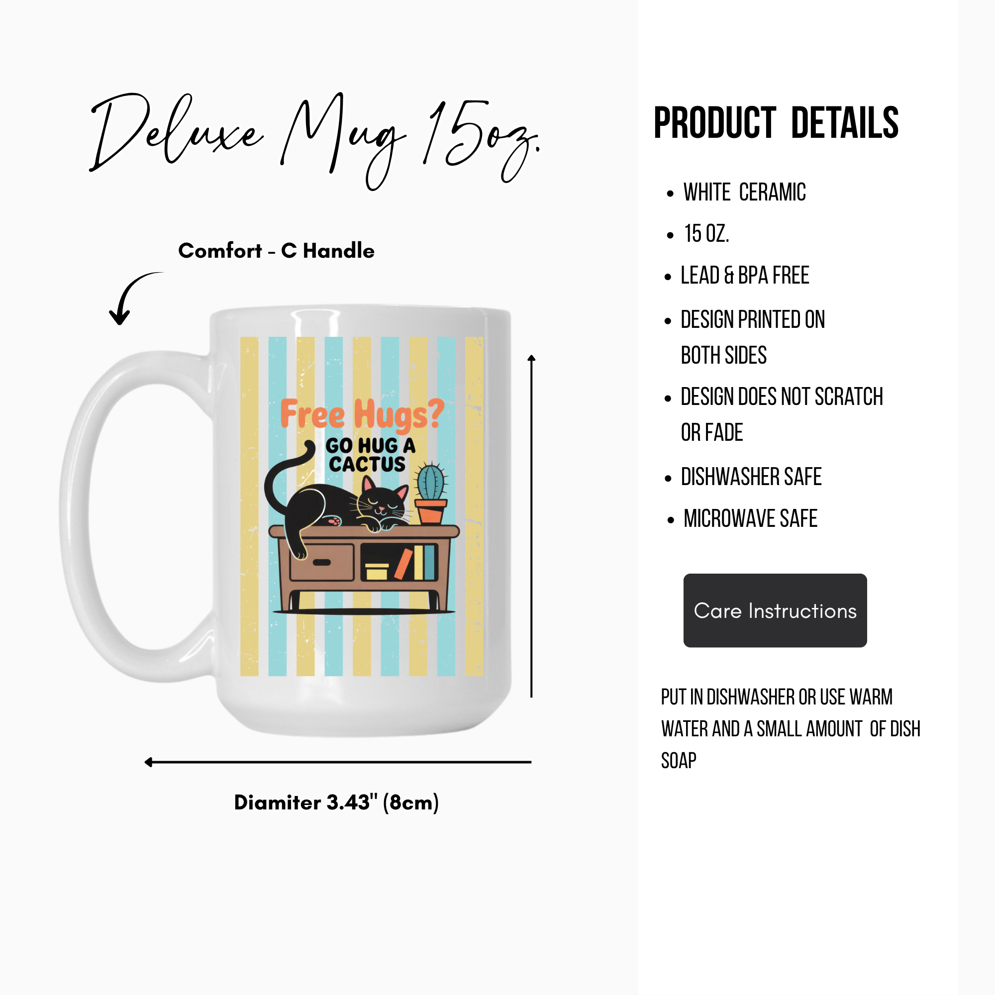 White 15oz mug with a cat and cactus design on a striped background, featuring product details.