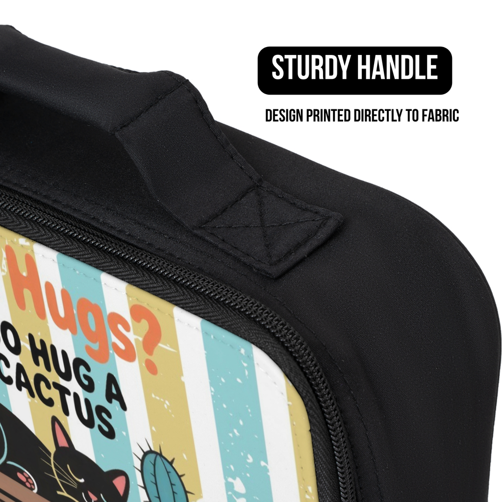 Black lunch  bag with colorful design and text, featuring a sturdy handle and printed fabric design.