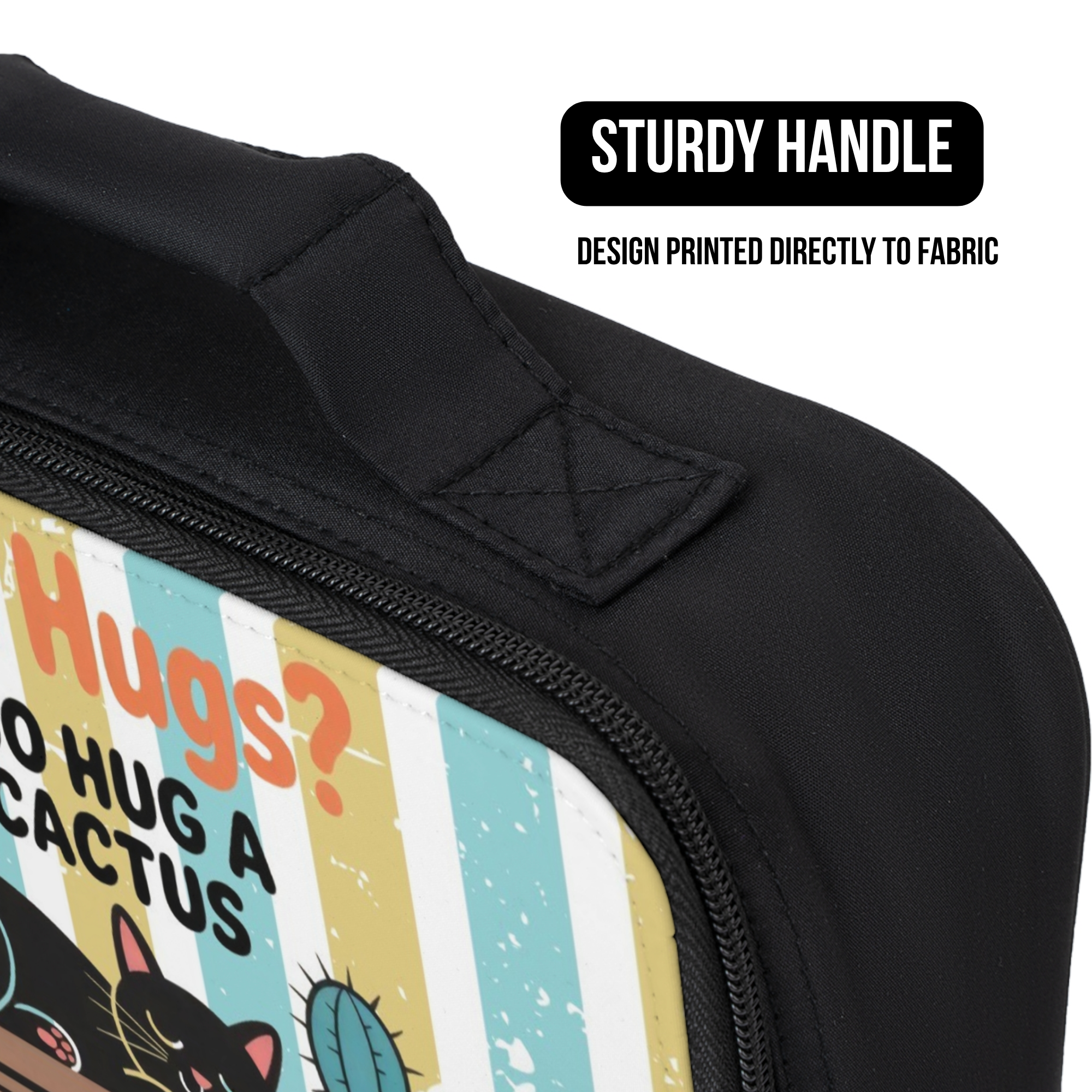 Black lunch  bag with colorful design and text, featuring a sturdy handle and printed fabric design.
