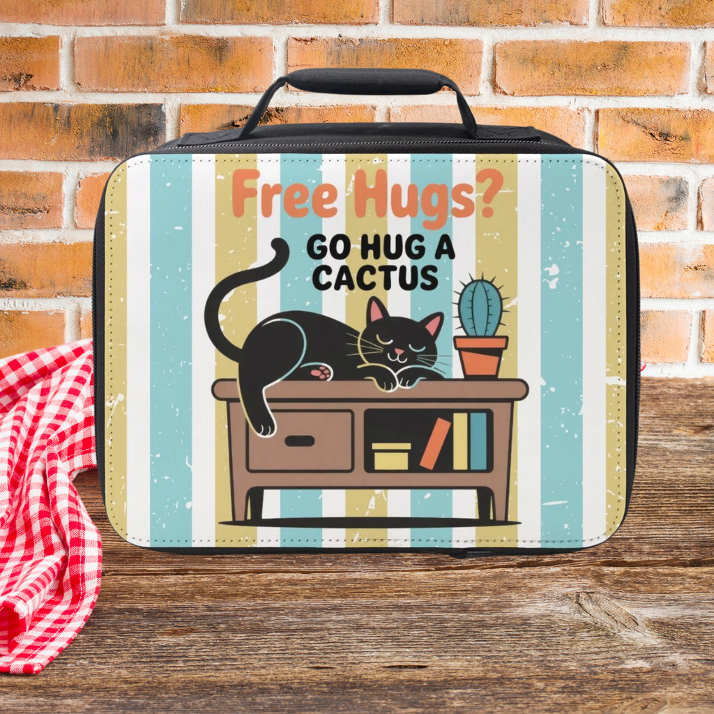 Lunch bag with a cat and cactus striped design and 'Free Hugs? Go Hug a Cactus' text sitting on a picnic table against a brick wall.