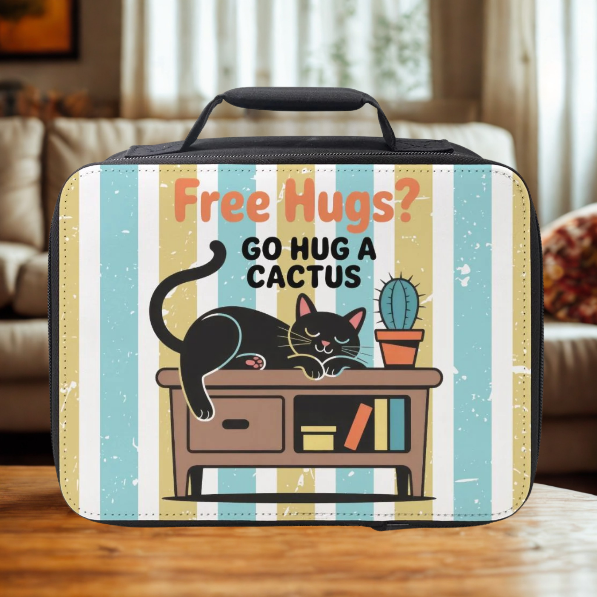 Lunch bag with a cat and cactus design and text 'Free Hugs? Go hug a cactus' on a striped background.