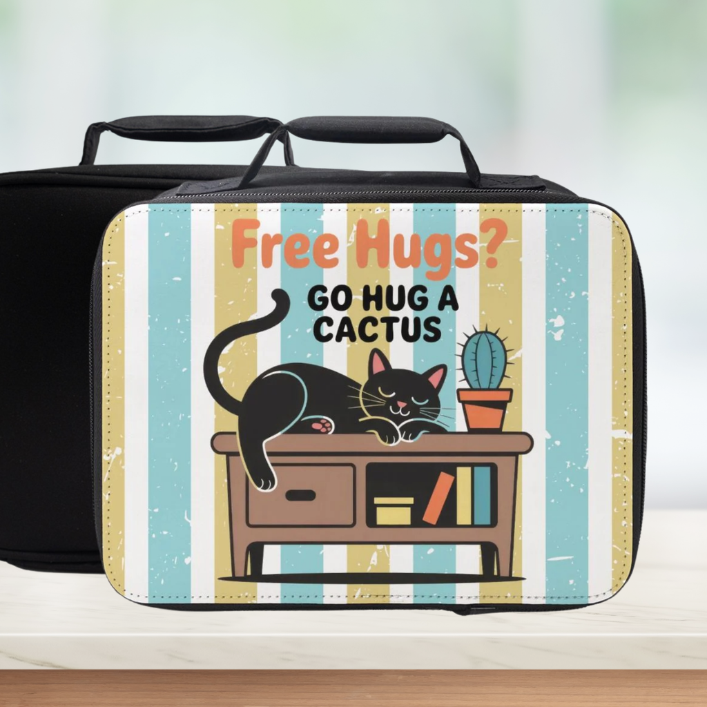 Lunch bag with a cat and cactus design and text 'Free Hugs? Go hug a cactus'.