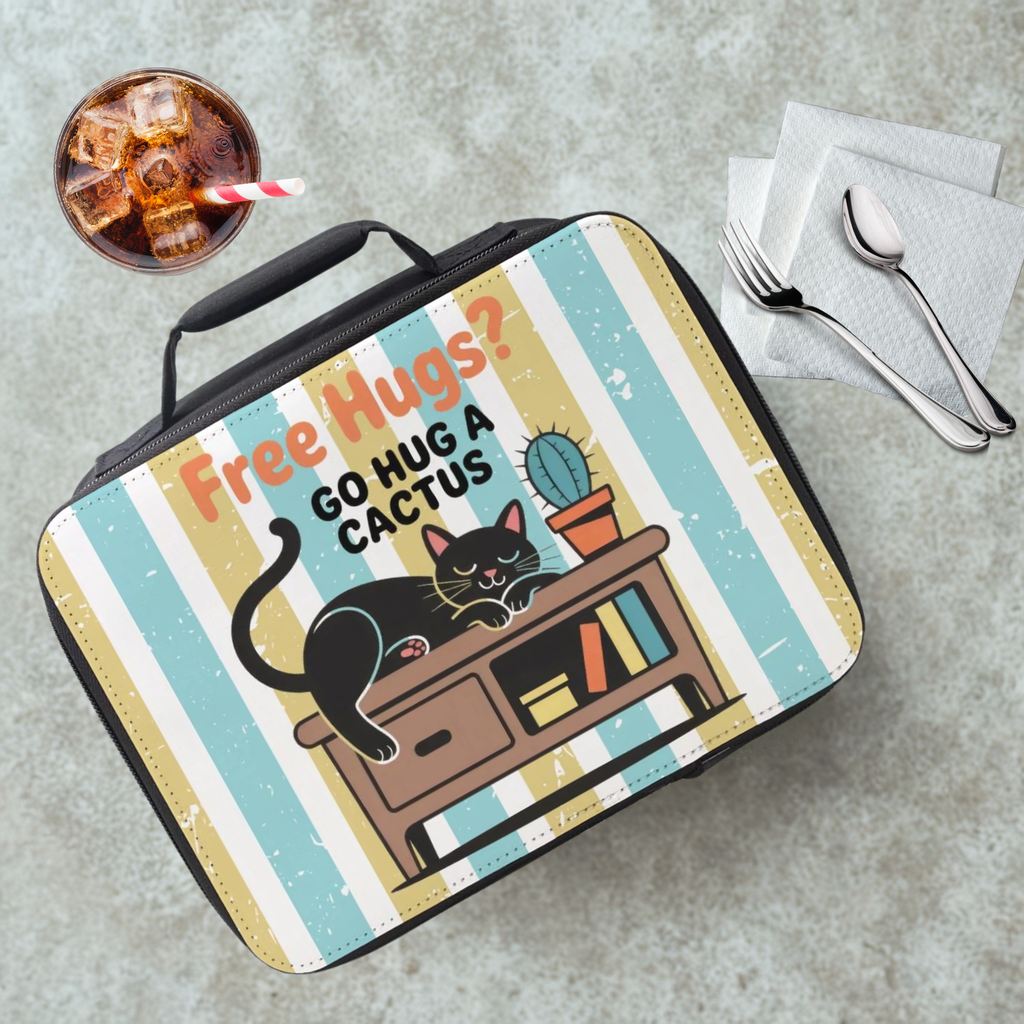 Lunch bag with a cat and cactus striped design, text 'Free Hugs? Go hug a cactus', on a cafeteria table with a drink and utensils.