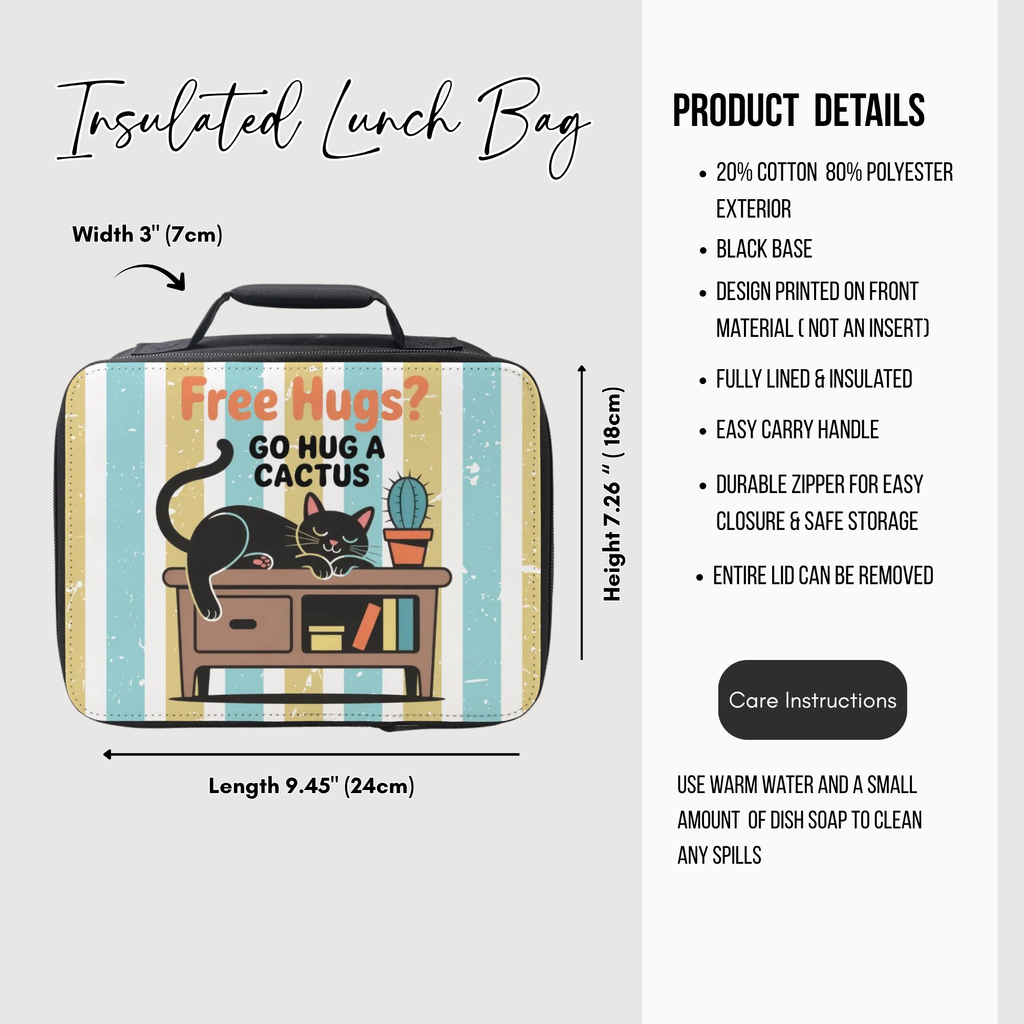 Insulated lunch bag with cat and cactus design, featuring product details on a white background.