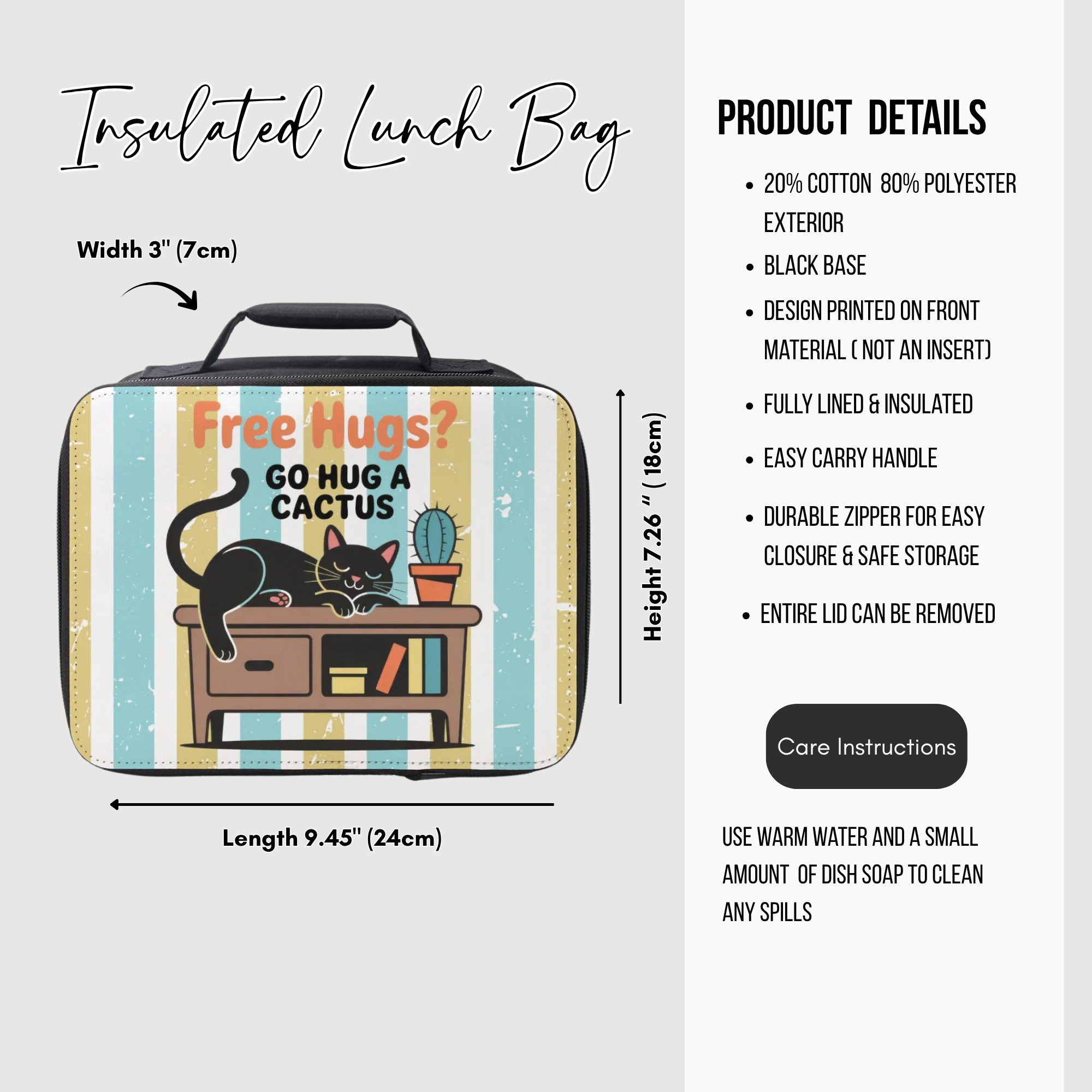 Insulated lunch bag with cat and cactus design, featuring product details on a white background.