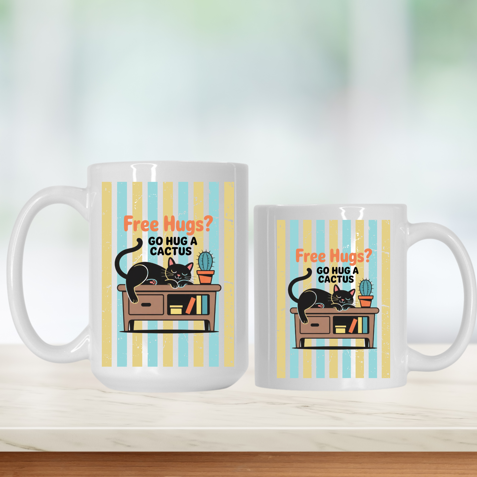 15oz & 11oz mugs with a cat and cactus design on striped backgrounds.