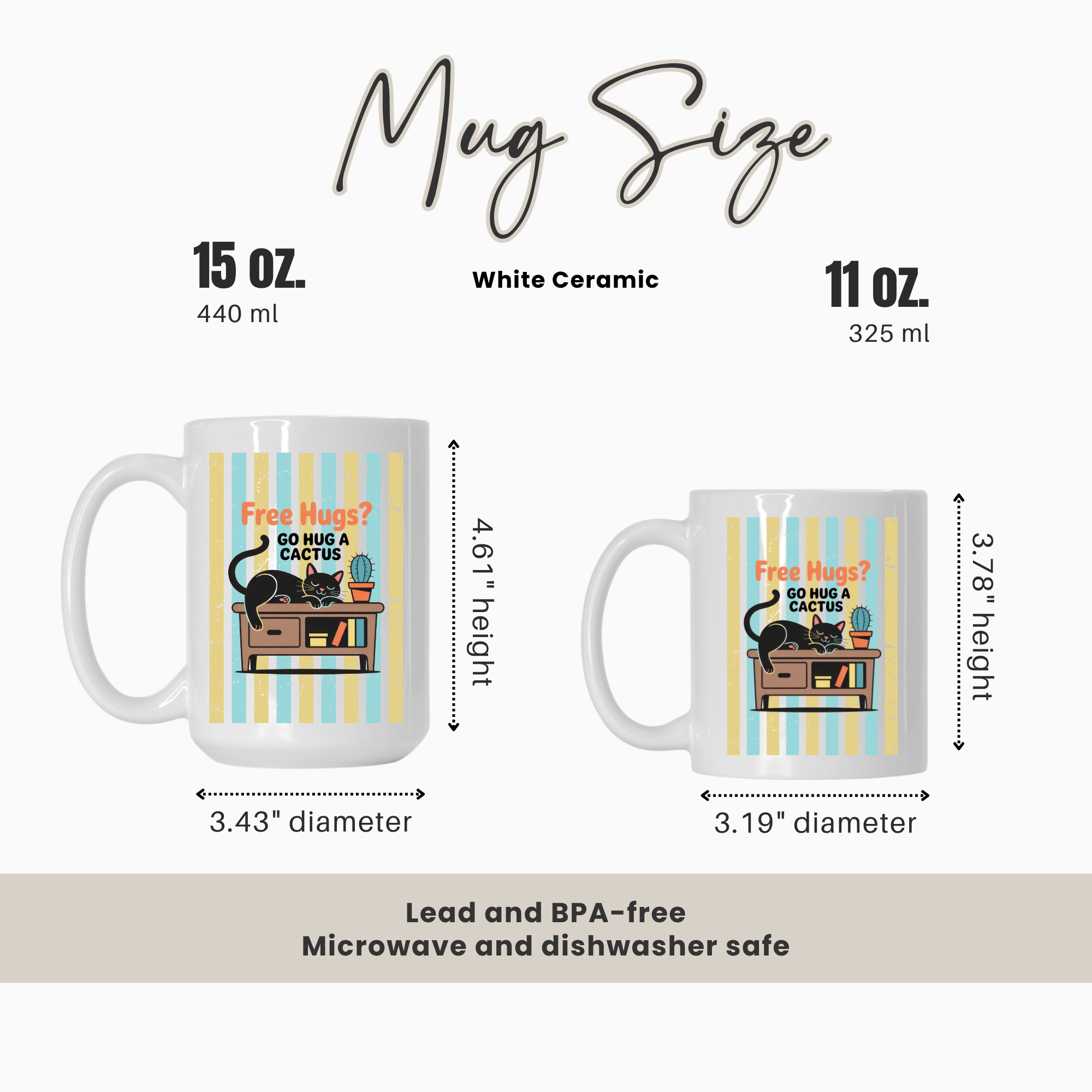 Mug size comparison chart with 15oz & 11oz mugs and measurements on a white background