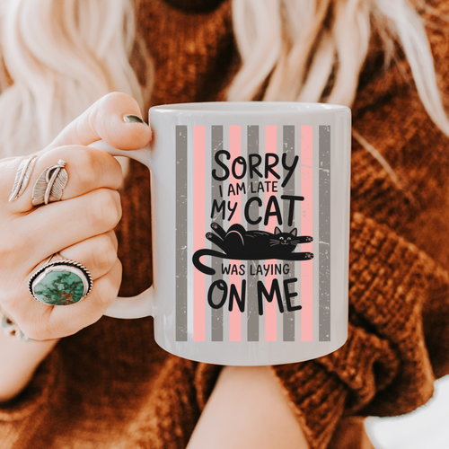 Person holding a 11oz mug with a humorous cat-themed design and text.