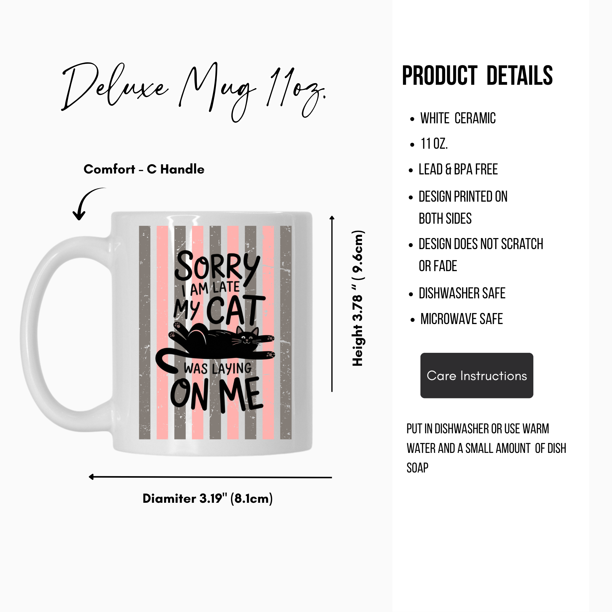 11oz white ceramic mug with a black cat graphic and text, featuring product details on a white background.
