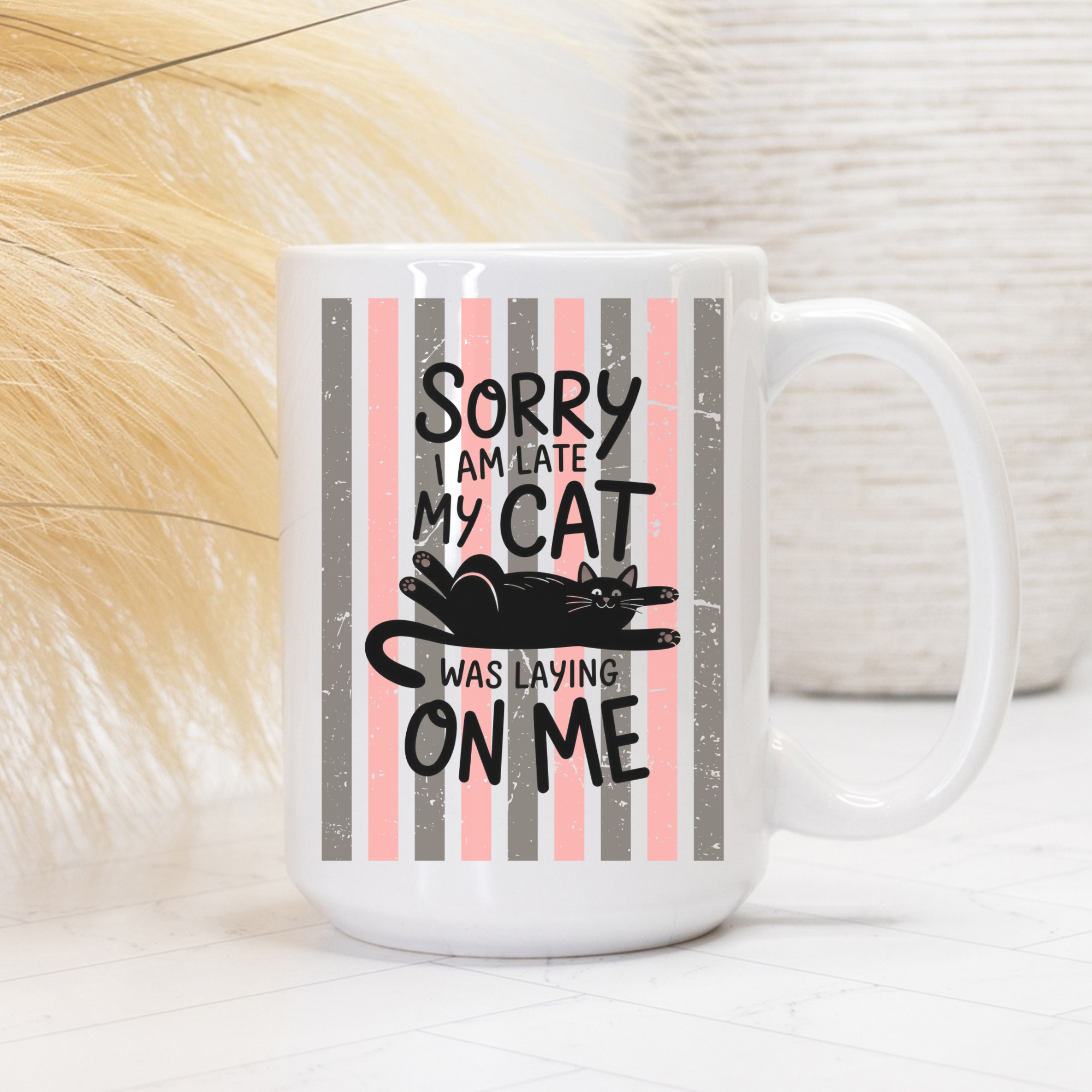 15oz White mug with a humorous cat-themed design on a white background