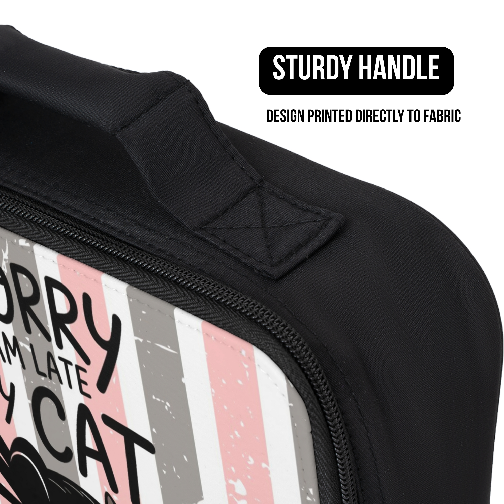 Black lunch bag with a printed design and text, featuring a sturdy handle.